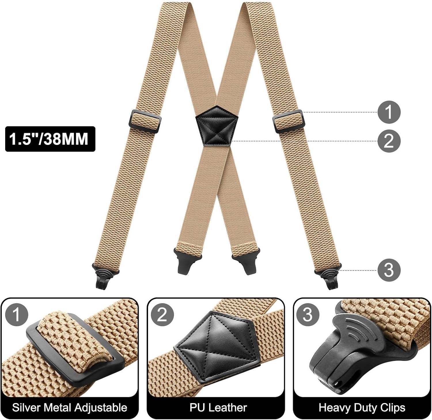 Detalle 2 de Braces Heavy Duty Work Suspenders for Men – Airport Friendly X-Back, 4cm Wide