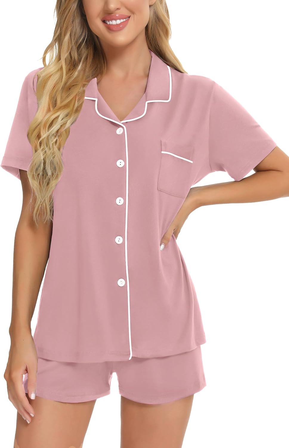 Detalle 2 de SWOMOG WGaa001 Women’s Button-Down Pajama Set, Short-Sleeve Modal Shorts