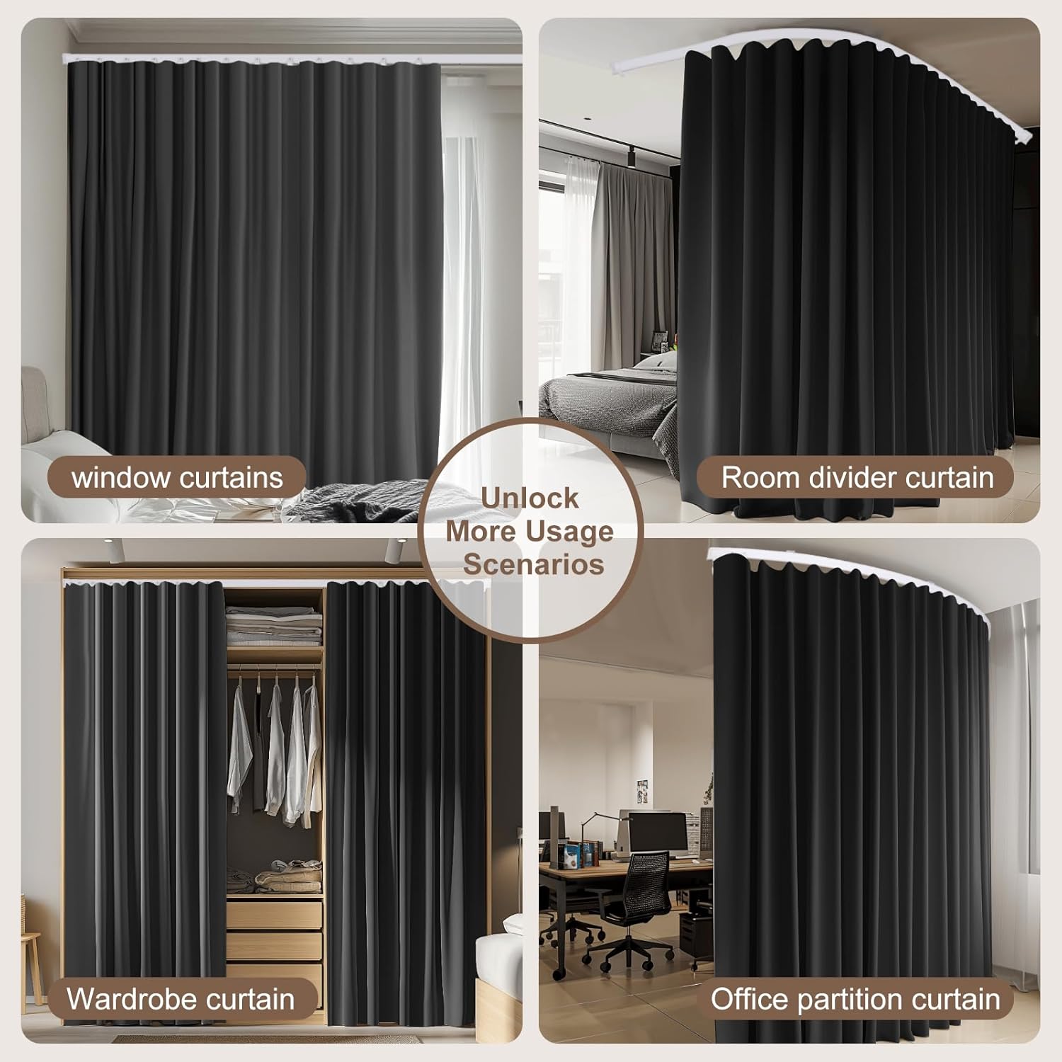 Detalle 2 de MaKefeile Room Divider Curtains & Flexible Bendable Ceiling Track Set (Blackout Privacy Drape + White Rail)