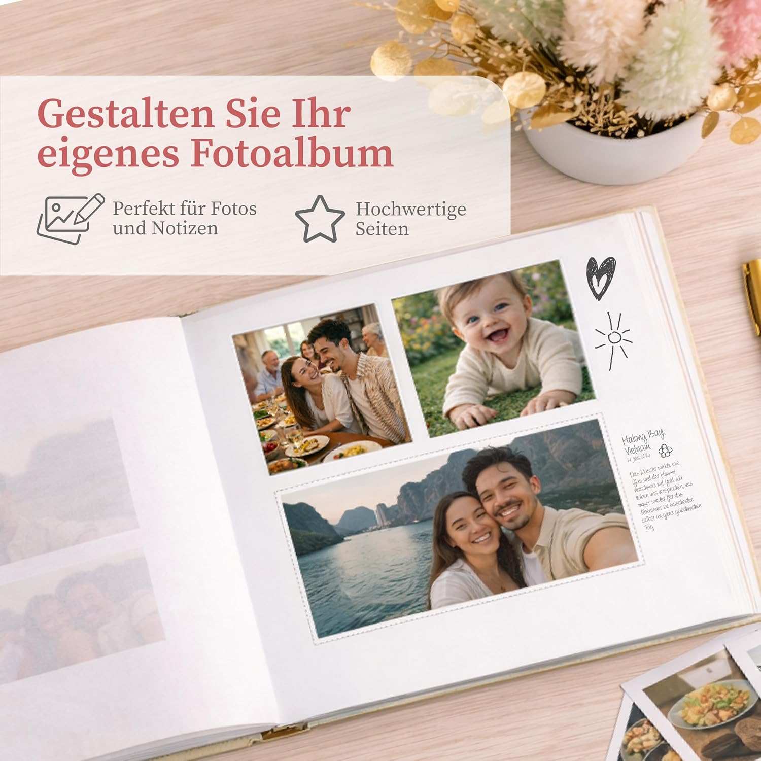 Detalle de Zenacolor Fotobuch zum Selbstgestalten (30×22 cm) Beige – 50 weiße Seiten für 150 Fotos, echtes Leinen