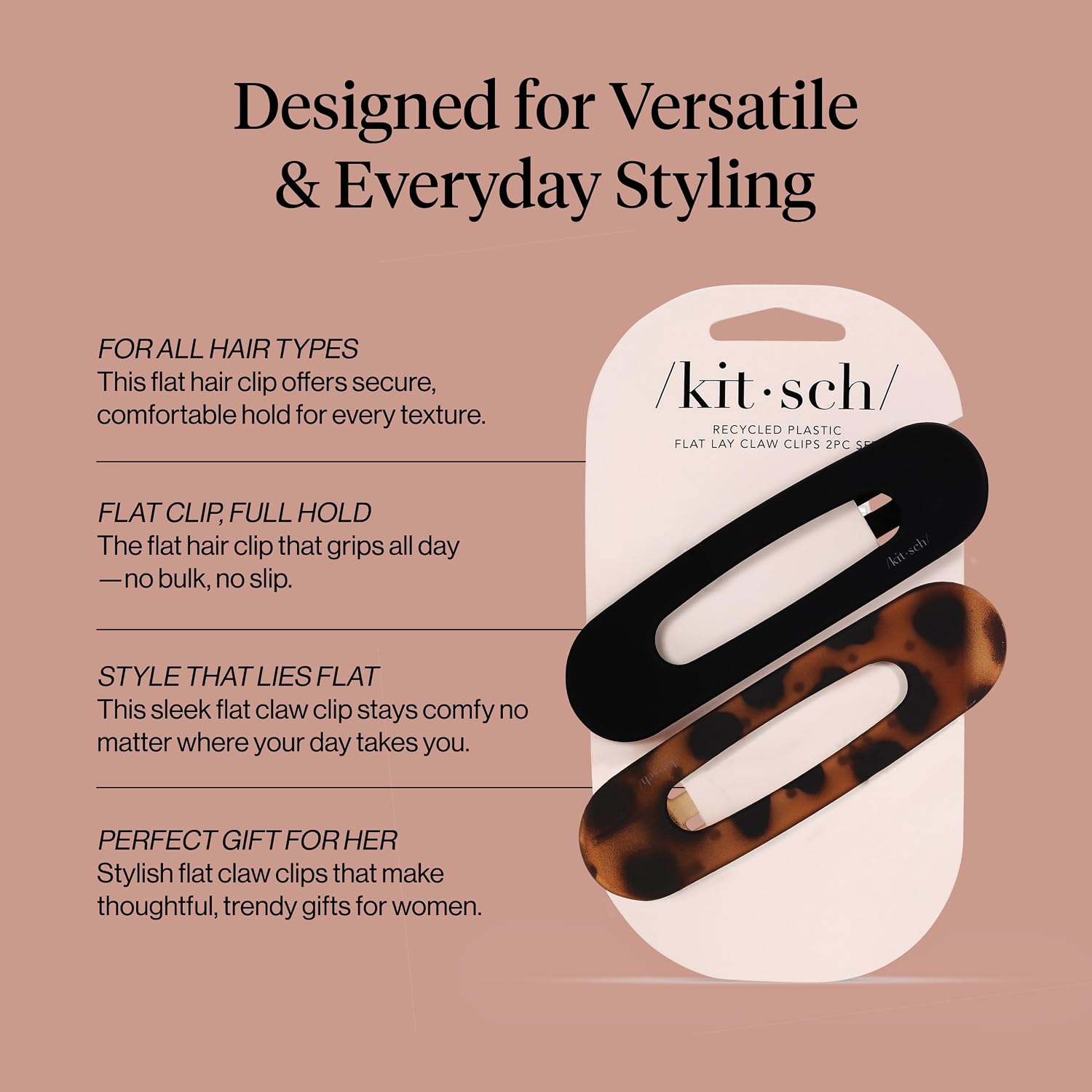 Detalle de Kitsch Flat Hair Clips for Women - Strong Hold, No Slip Grip, 2-Pack (Black & Tortoise)