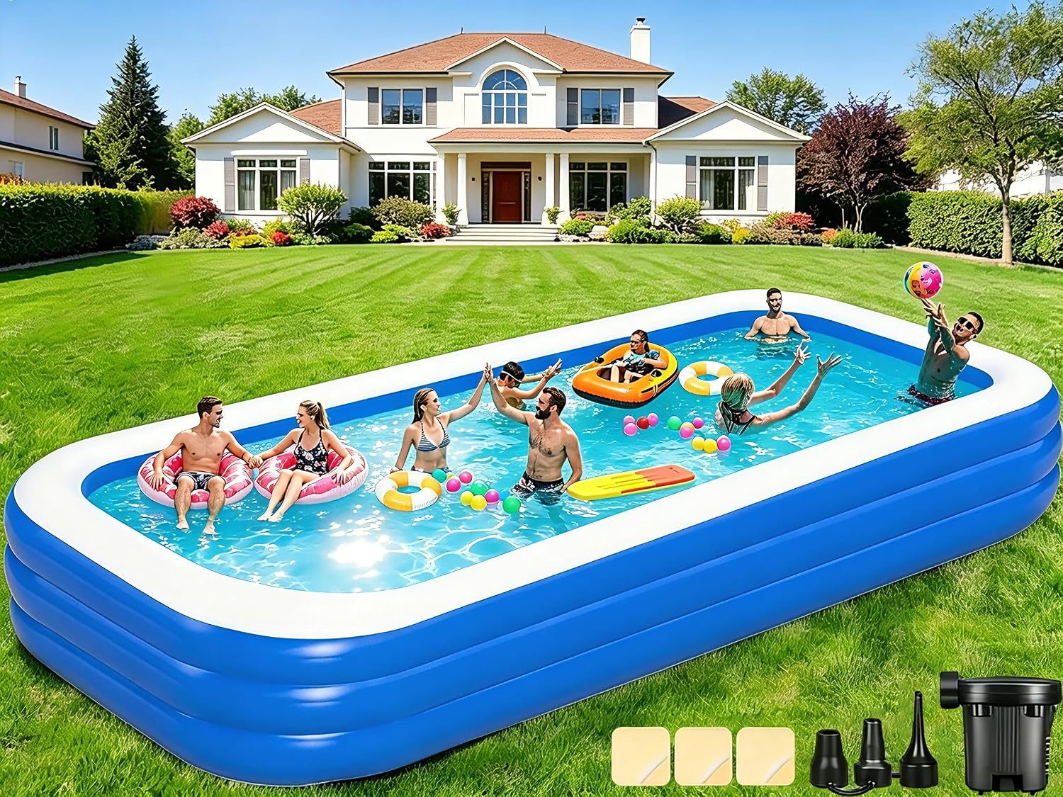 Detalle de Extra Large Inflatable Pool for Adults (180" x 76" x 22") with Pump – Oversized Backyard Splash