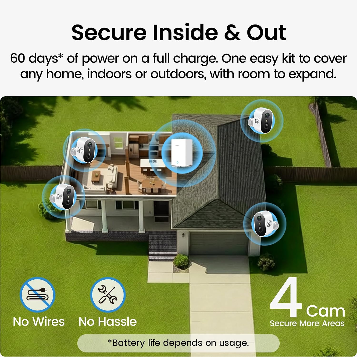 Thumbnail 2 de aosu 2K Security Cameras Wireless Outdoor 4-Cam Kit System with aosuBase 2.0 (No Subscription, Local Storage, 32GB, Expandable to 1TB)