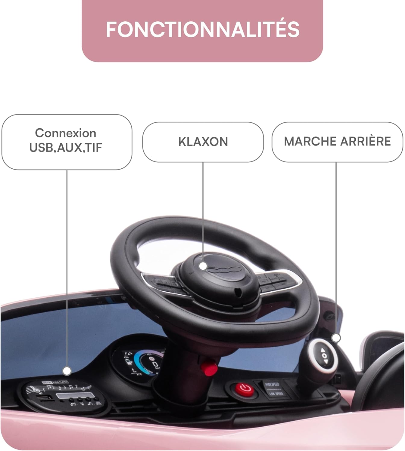 Detalle de Baroni Toys Fiat 500 Voiture électrique enfant 12V avec télécommande – version rose, 1–4 ans