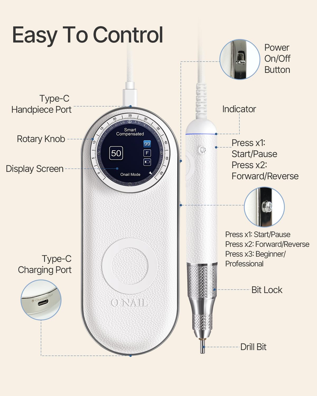 Thumbnail 6 de Professional Electric Nail Drill Machine - O NAIL 50,000 RPM E-File with LCD Display