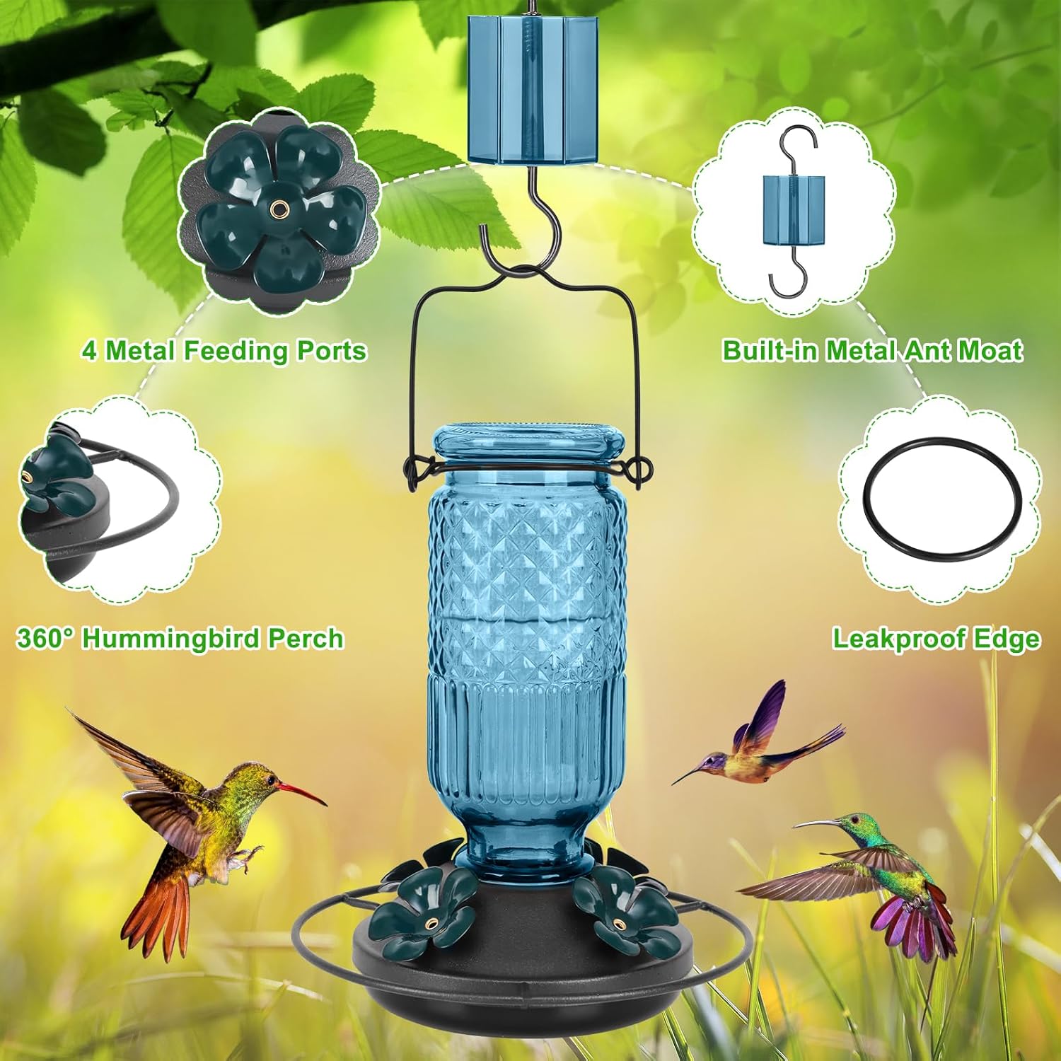 Thumbnail 3 de FEED GARDEN Glass Hummingbird Feeder (16oz) with Bee Guards & Ant Moat, Blue