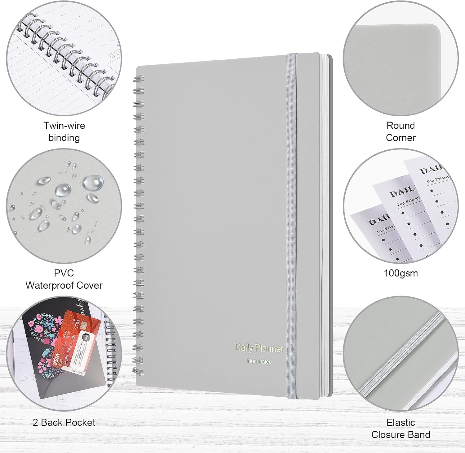 Detalle 2 de Asten Undated Daily Planner, A5 Gray, Hourly Schedule, PVC Cover