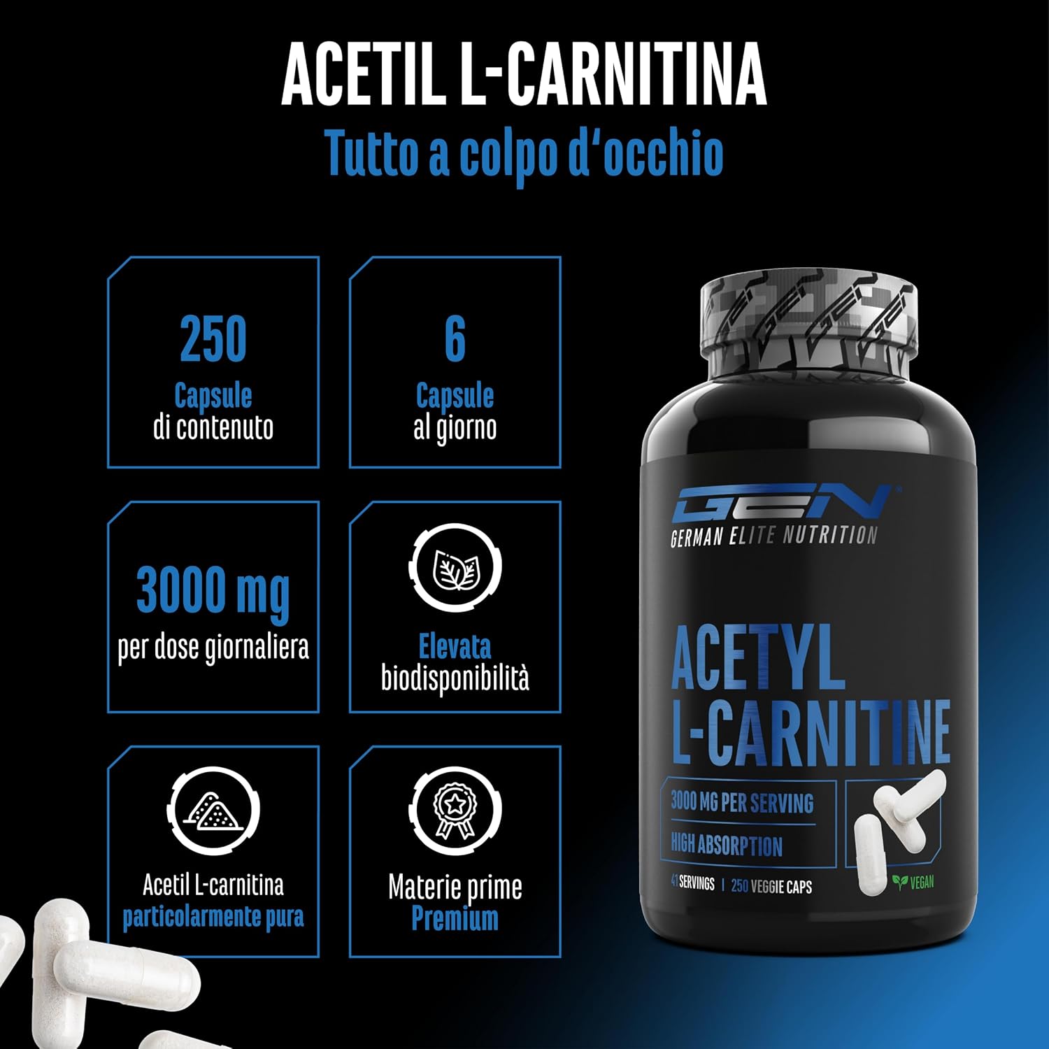 Detalle 2 de Acetyl-L-carnitina 3000 mg 250 capsule vegane