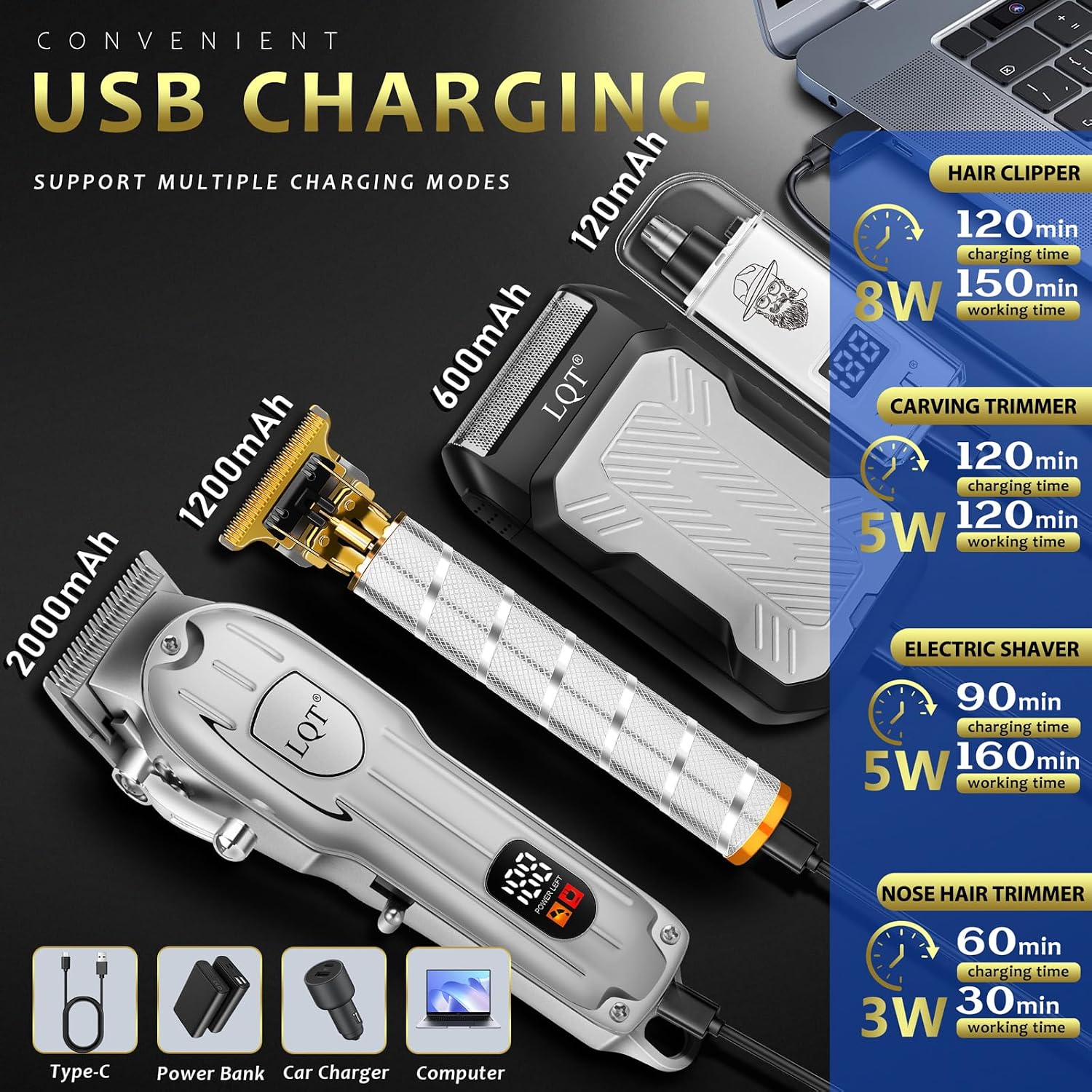 Detalle 2 de Hair Clippers for Men with LED Display: 4-Piece Cordless Grooming Kit by LQT