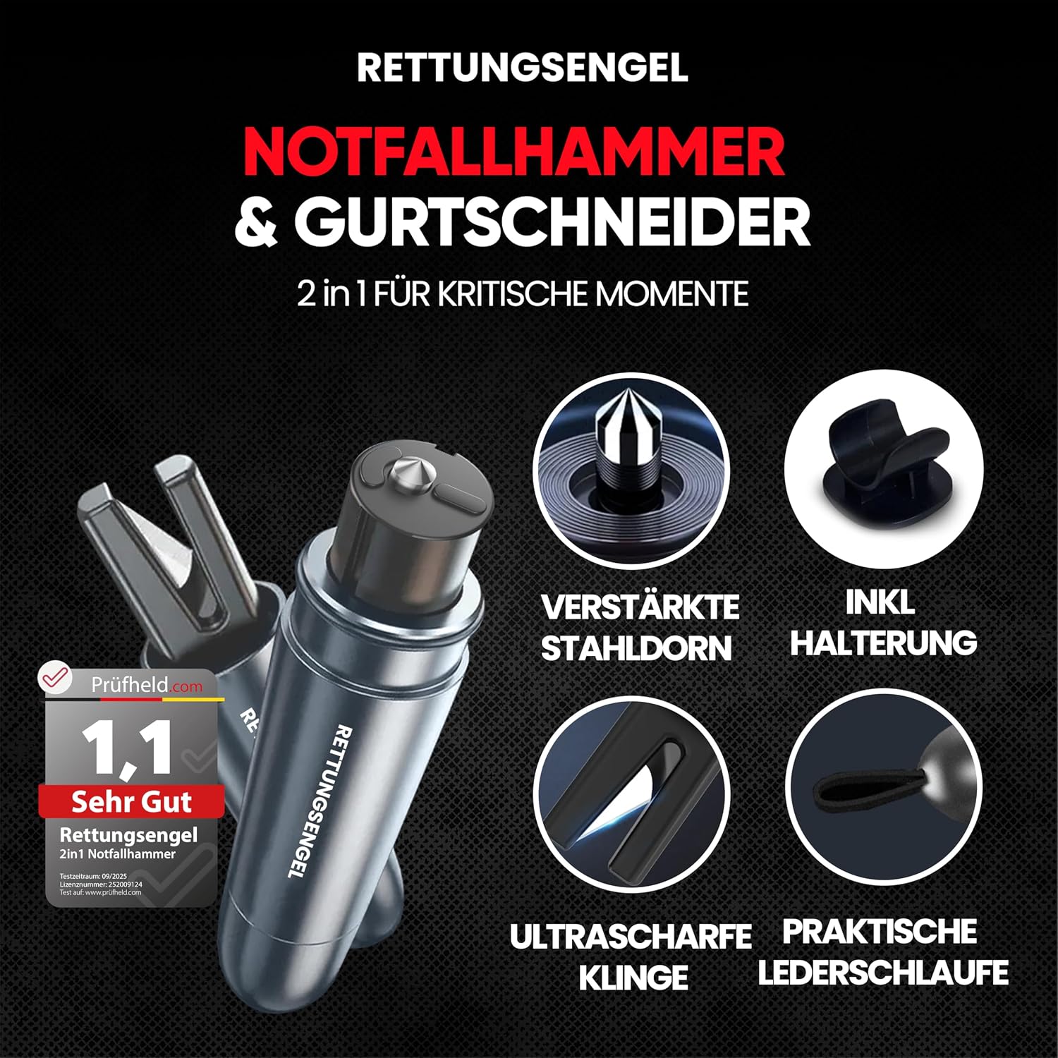 Detalle de RETTUNGSENGEL 2in1 Notfallhammer Auto mit Gurtschneider und Glasbrecher – kompakt & zuverlässig