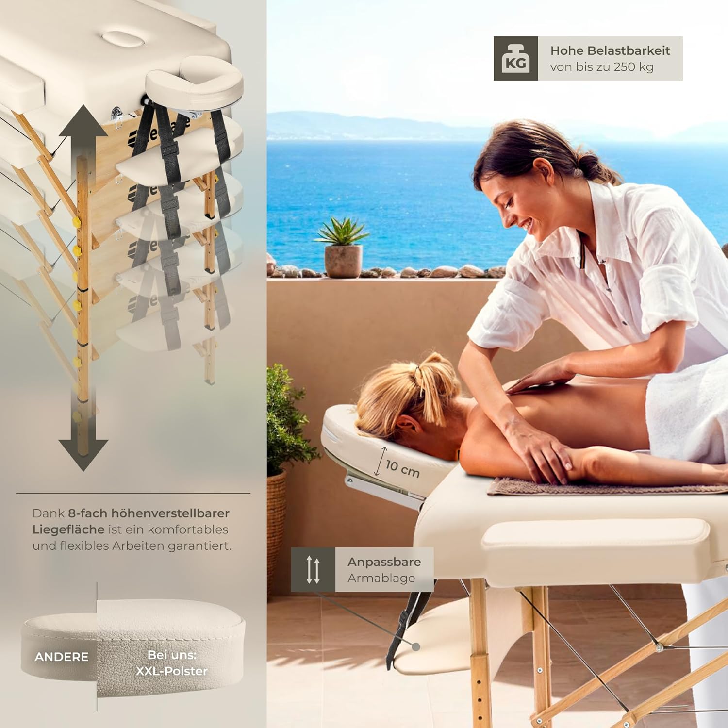 Detalle de tectake® Massageliege klappbar und höhenverstellbar (beige) – gepolstert für Massage, Tattoo oder Kosmetik