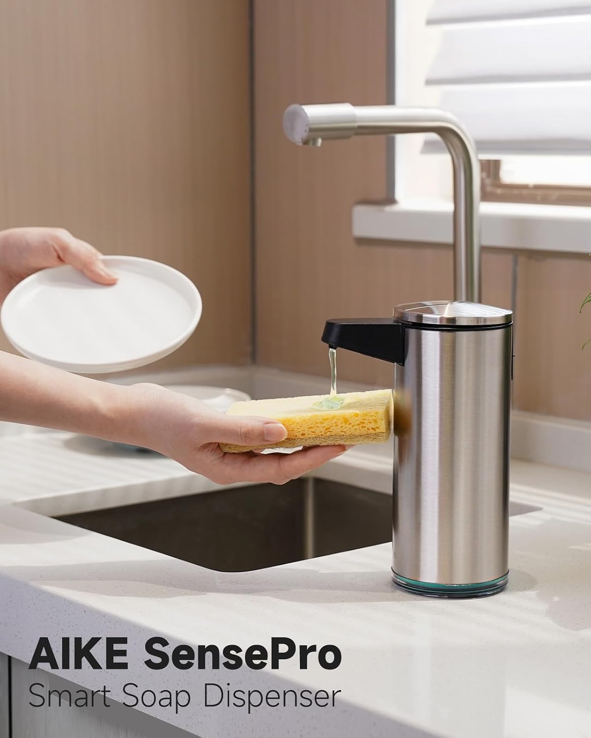 Detalle de AIKE SensePro automatischer Seifenspender aus Edelstahl (380 ml), berührungslos mit USB-C-Laden