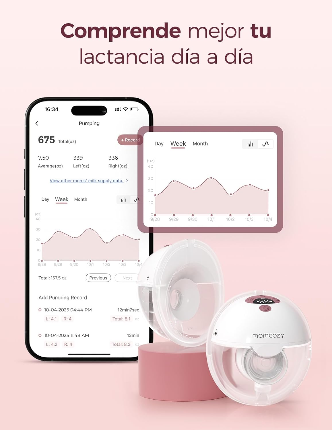 Detalle de Momcozy M5: Sacaleches Eléctrico Manos Libres con App, 3 Modos y Brida 24 mm