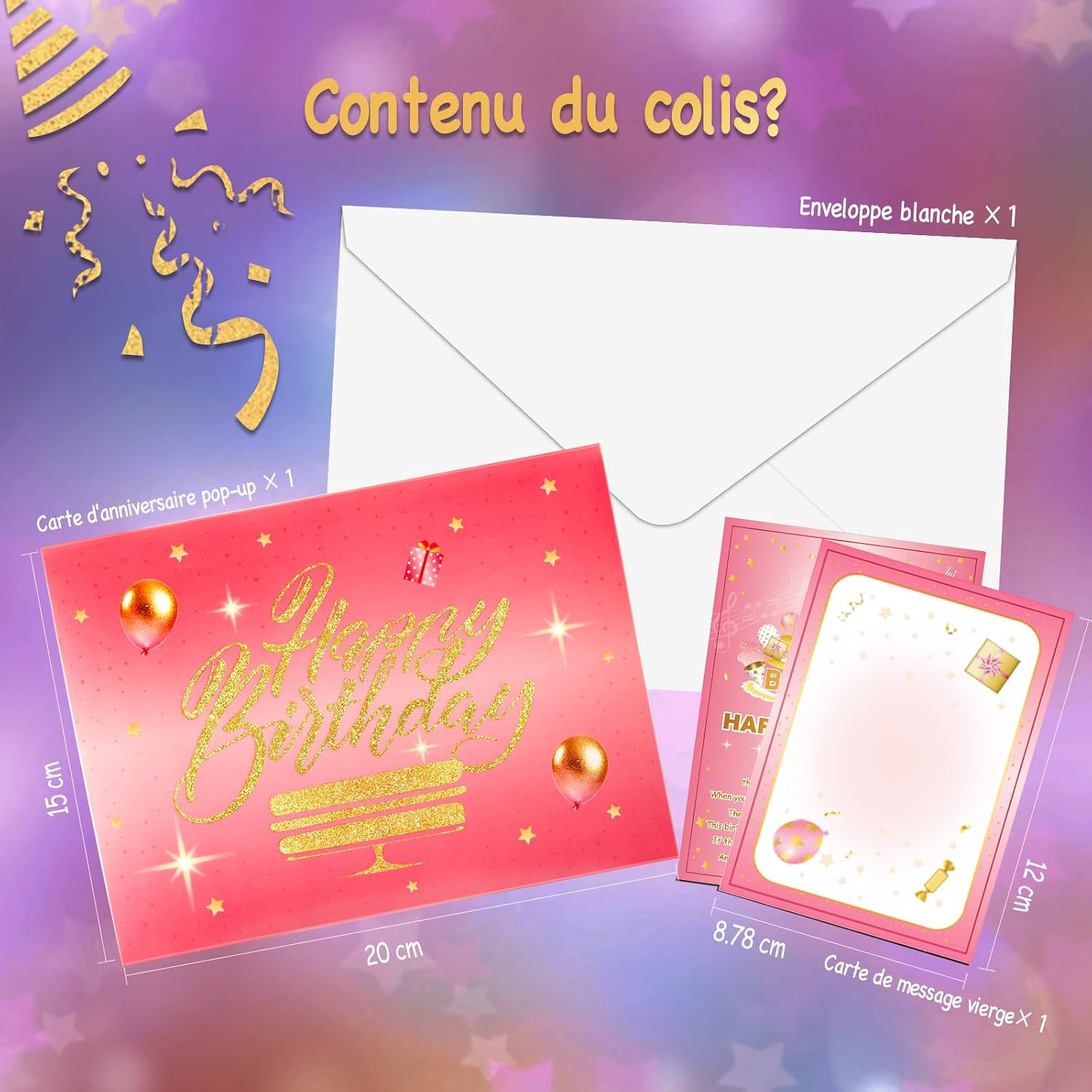 Thumbnail 5 de Carte d'anniversaire pop-up 3D avec lumières et son - bouquet lumineux 4-en-1 en rose et doré