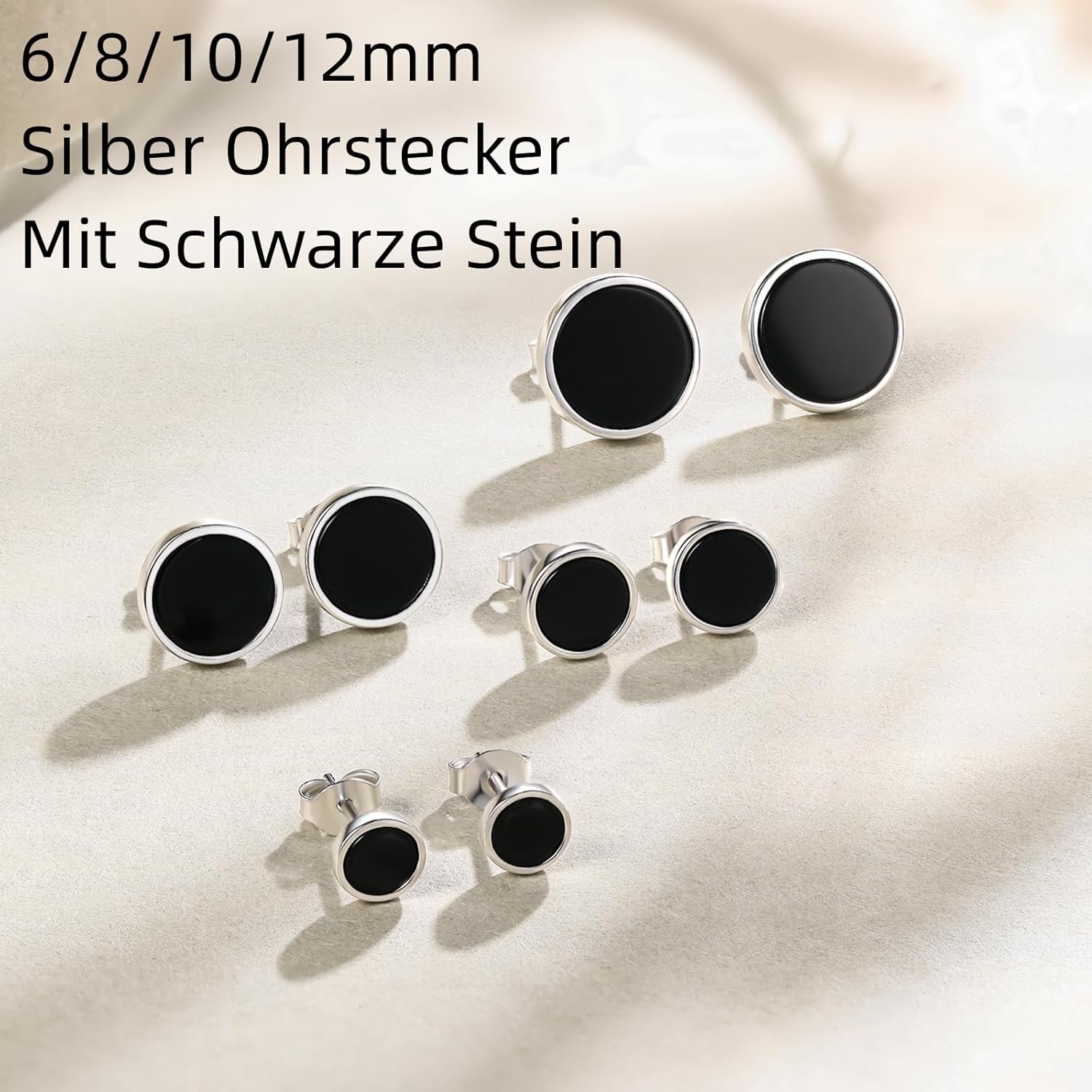 Detalle de 925 Sterling Silber Ohrringe Schwarz Achat – Runde Steinfassung, hypoallergen, für Damen und Herren