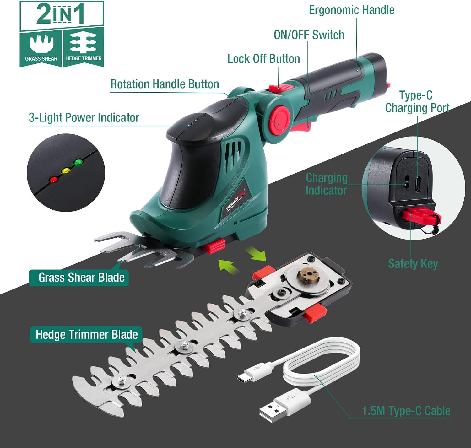 Thumbnail 1 de POSENPRO Cordless Grass Shear & Hedge Trimmer 7.2V: 2-in-1 Lightweight, Rotatable Handle, Type-C Charging