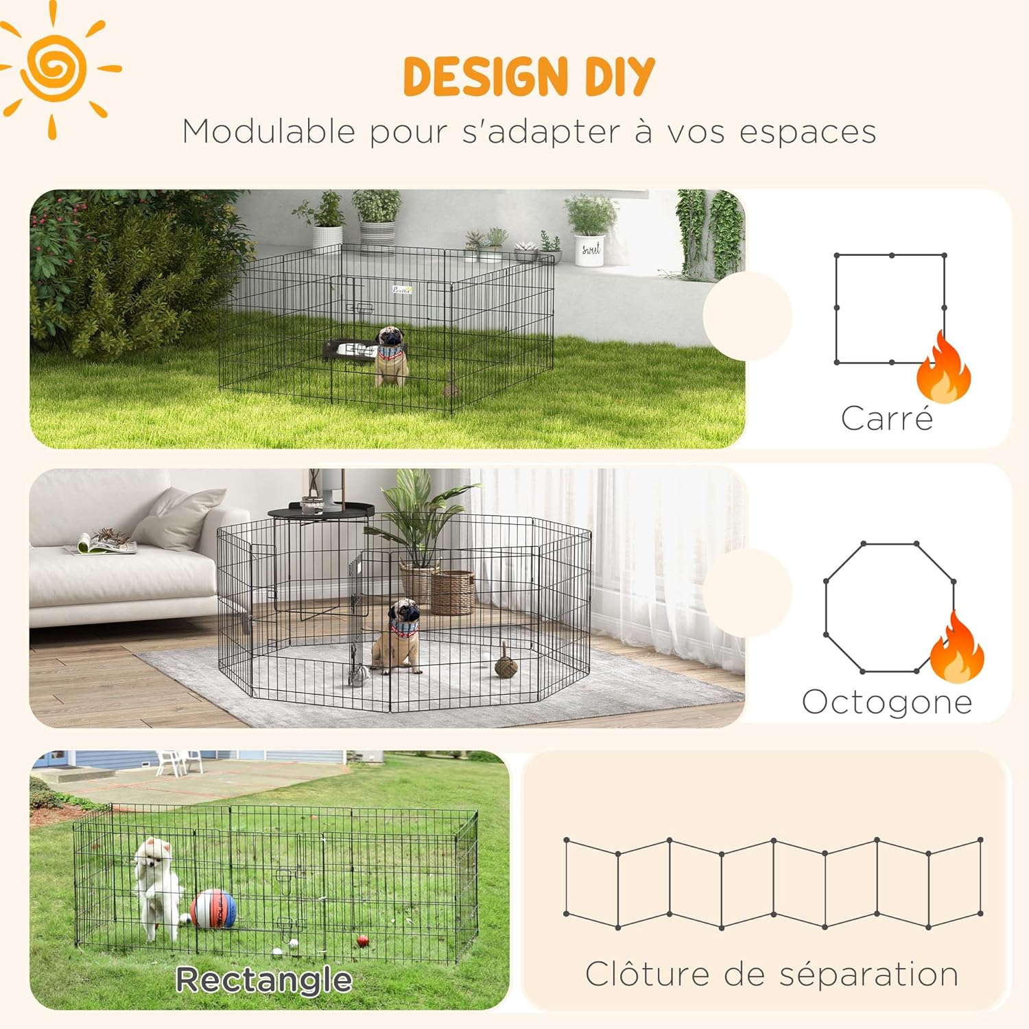 Detalle de Parc modulable PawHut pour chiens et petits animaux – 8 panneaux en métal noir, pliant et verrouillable (61 x 61 cm par panneau)
