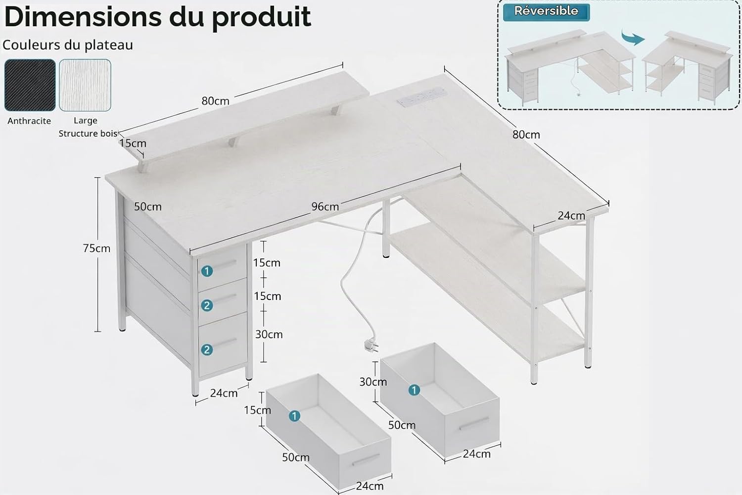 Thumbnail 2 de Xyphren DE-YQZ-Y-ZJCT-PP L-vormig bureau 120 x 80 cm met stoffen laden en USB-C