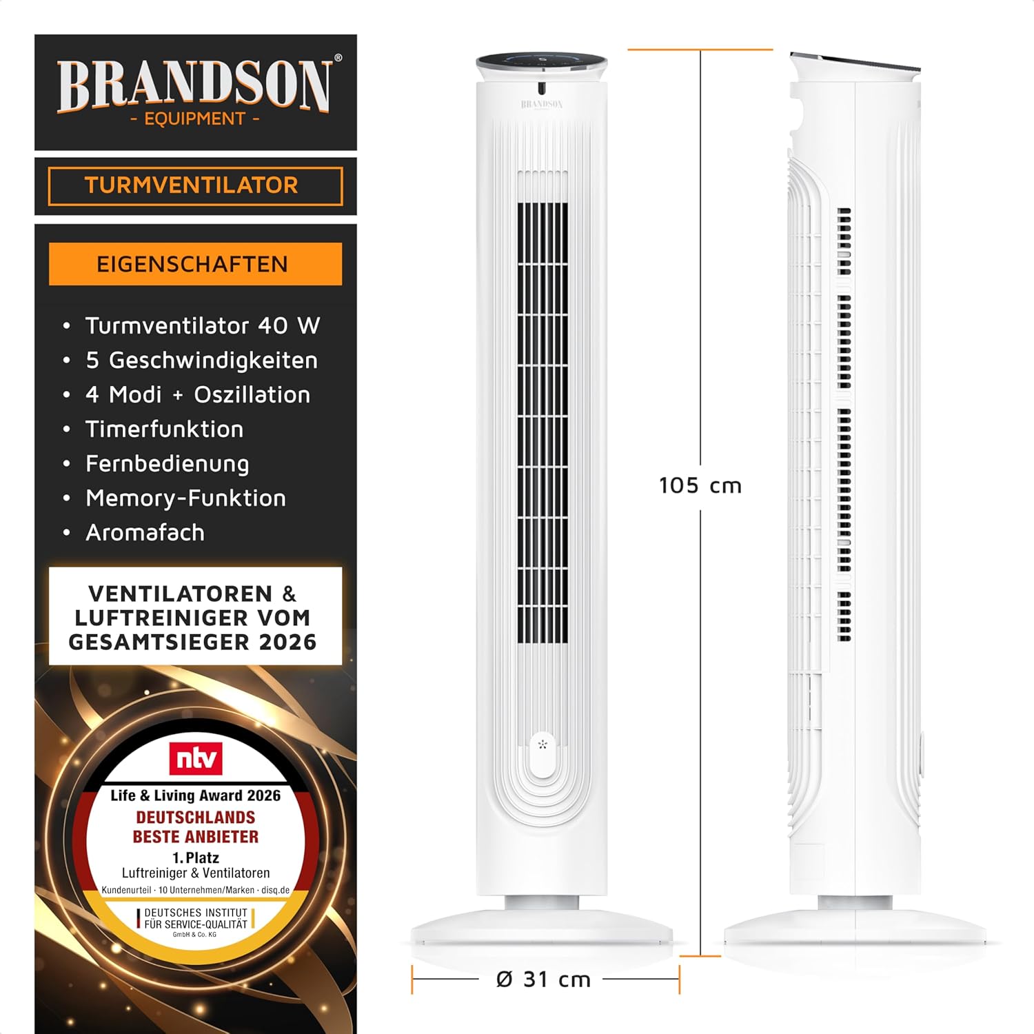 Detalle 2 de Brandson Turmventilator mit Aromafach und Fernbedienung – leisestarke Kühlung mit 5 Stufen, 4 Modi und Timer