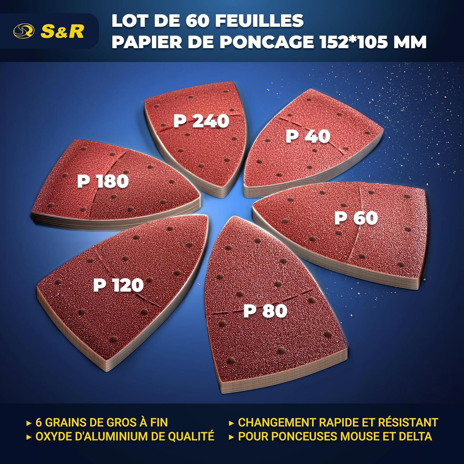 Thumbnail 1 de S&R Papier Abrasif pour Ponceuse Triangulaire Delta – Ensemble multifonction 60 feuilles (P40 à P240)