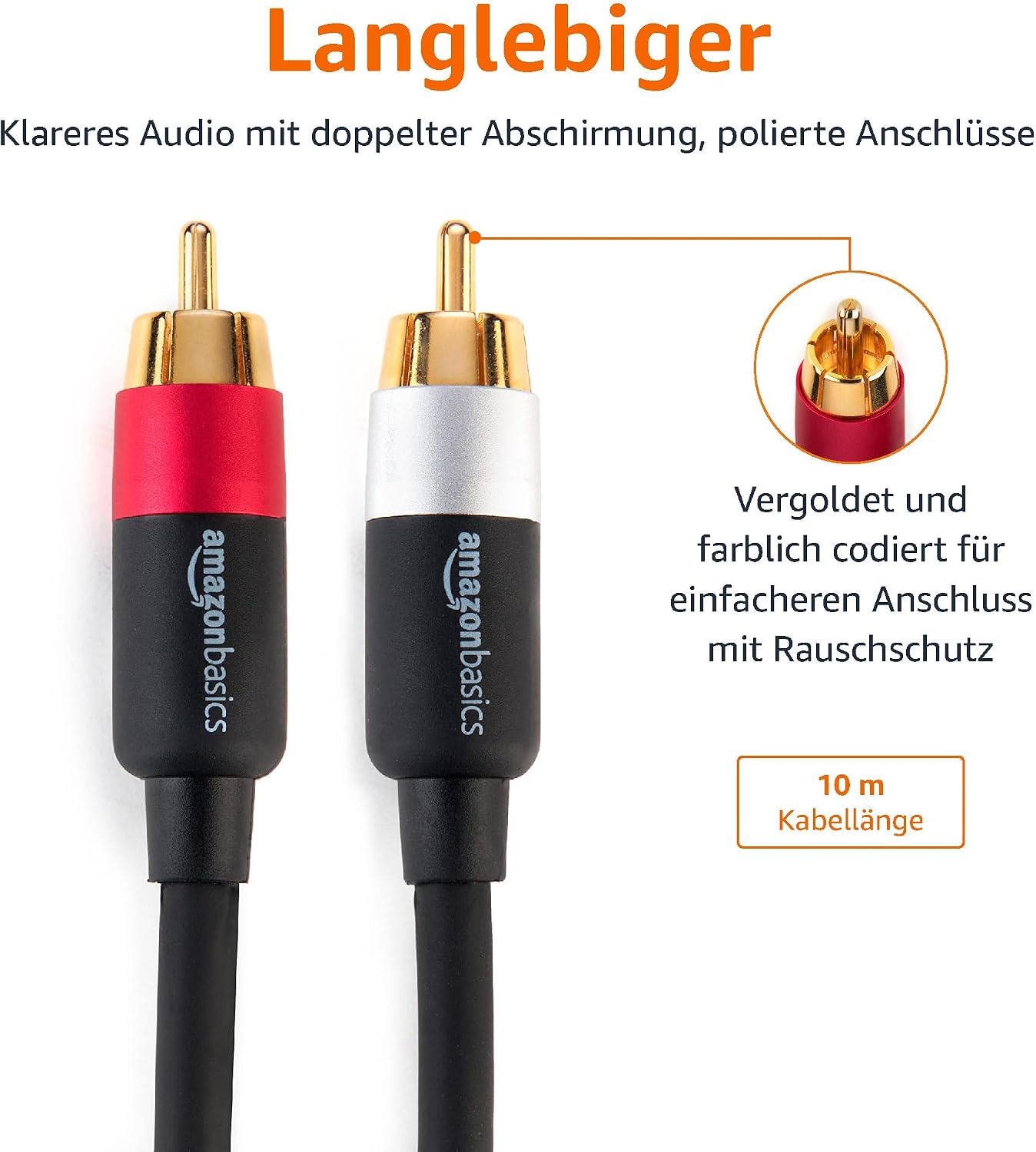 Detalle de Amazon Basics 2-Male RCA Audio Kabel – 10 m, Schwarz