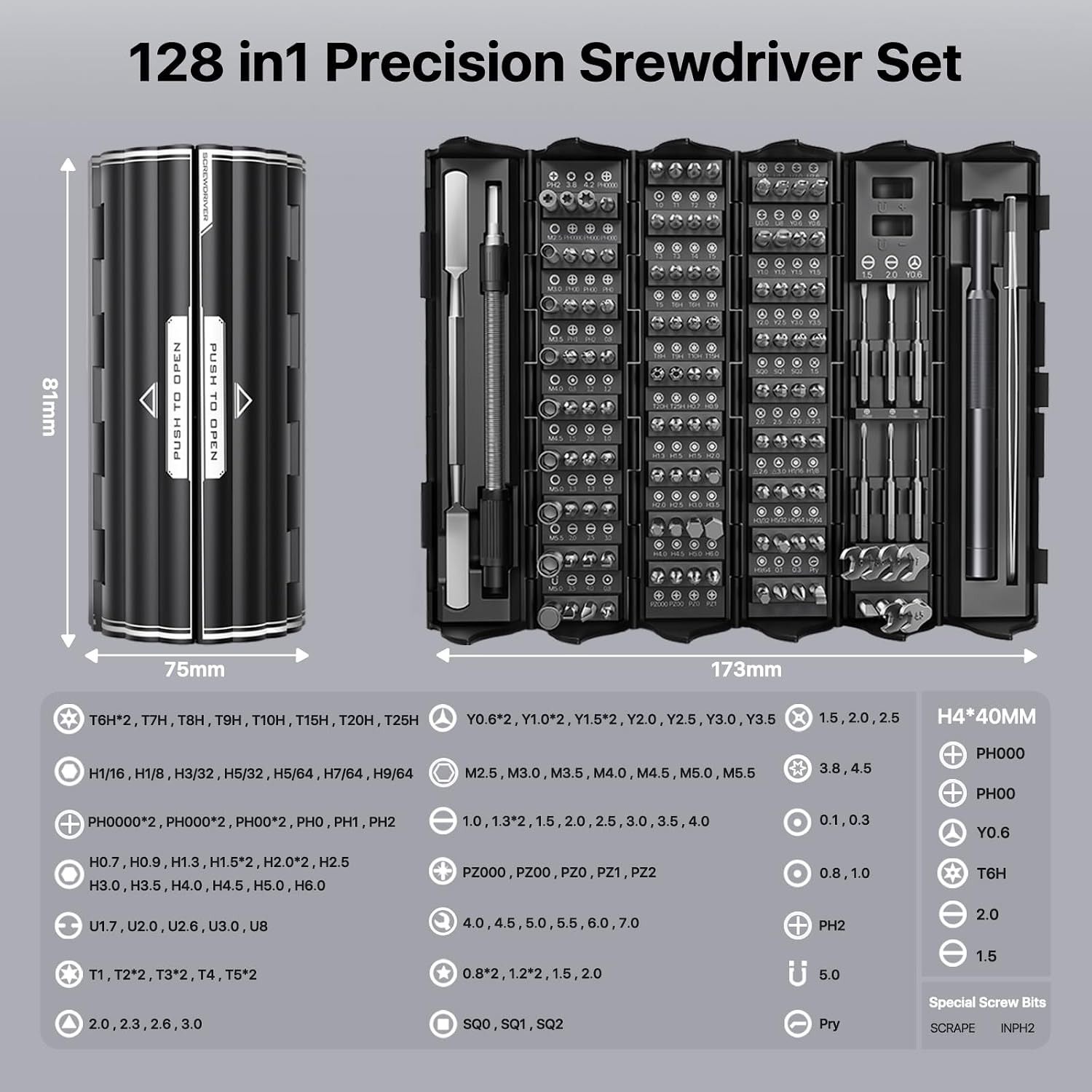 Detalle 2 de AXTH 128in1-Black Precision Screwdriver Set with 125 Bits and Folding Case
