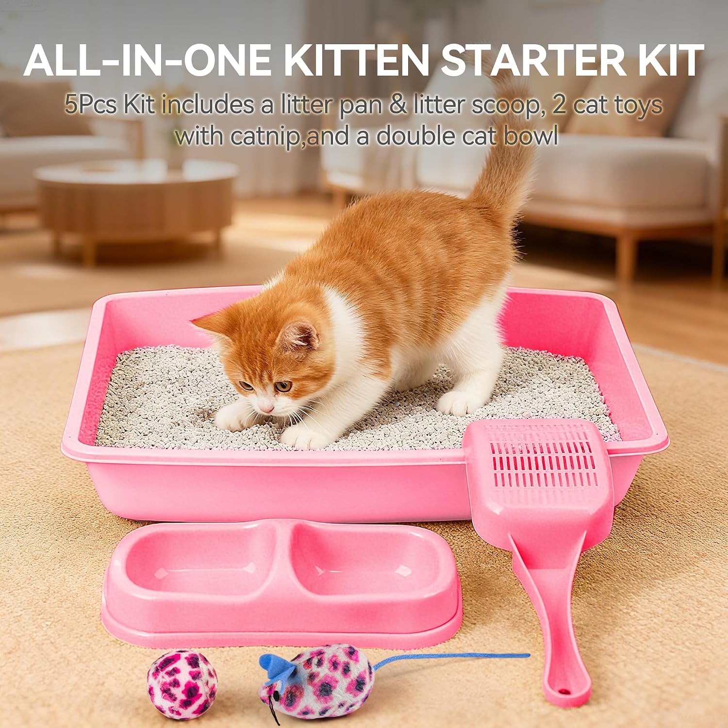 Detalle de PAWISE Cat Accessories Set of 4: Litter Tray, Litter Scoop, Bowl and Kitten Toy in Pink