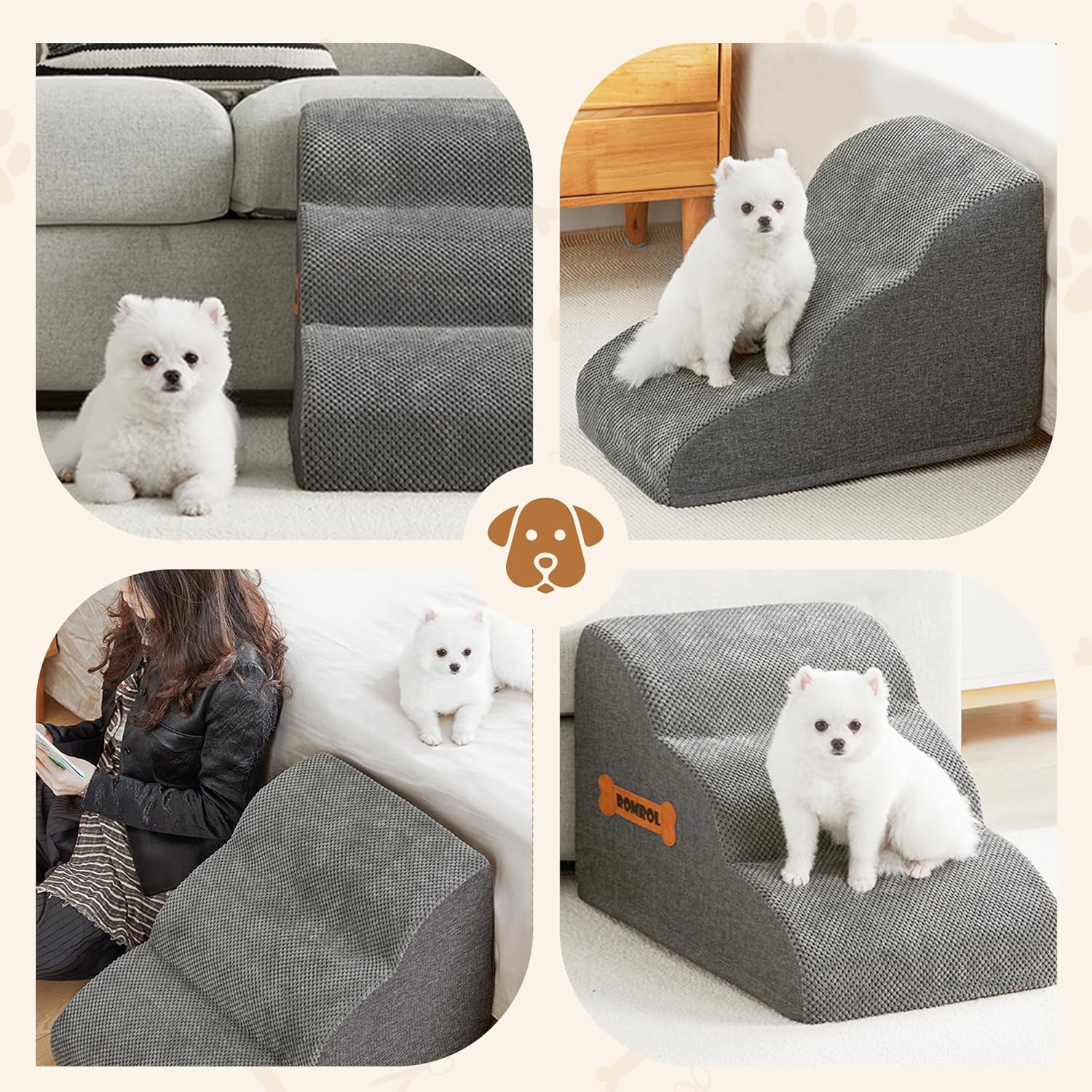 Detalle 2 de ROMROL 3-Step Dog Stairs for Small Dogs – Non-Slip Ramp with High-Density Foam (58x38x38cm) in Grey