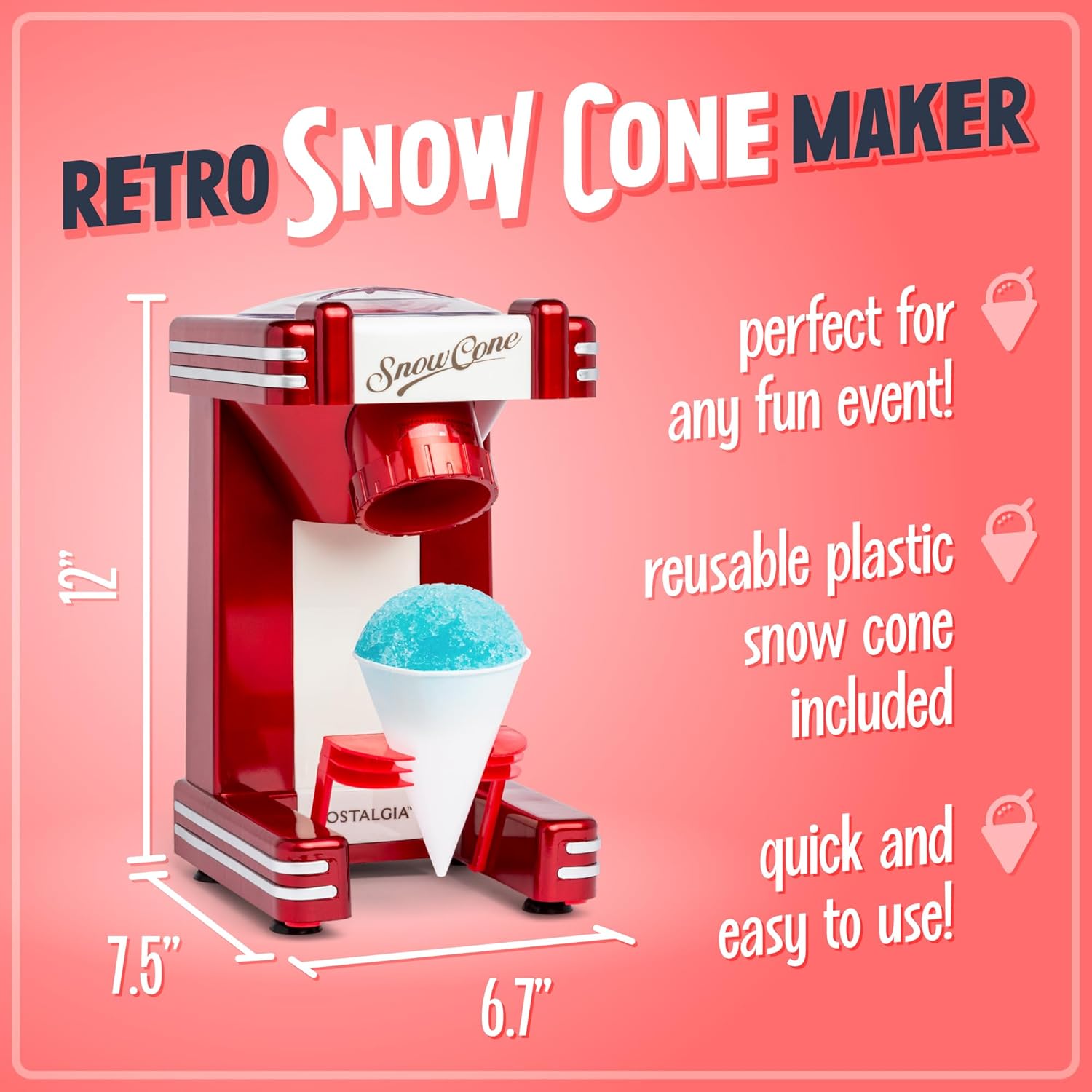 Thumbnail 1 de Nostalgia Snow Cone Shaved Ice Machine (Retro Red) - Makes 20 Icy Treats