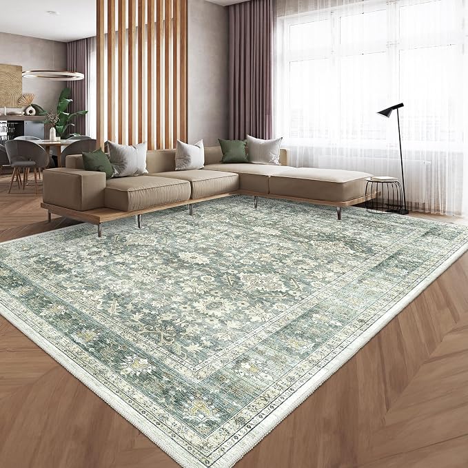 Detalle de HOMFINE Alfombra Vintage Lavable Verde 120x170 cm 🏡