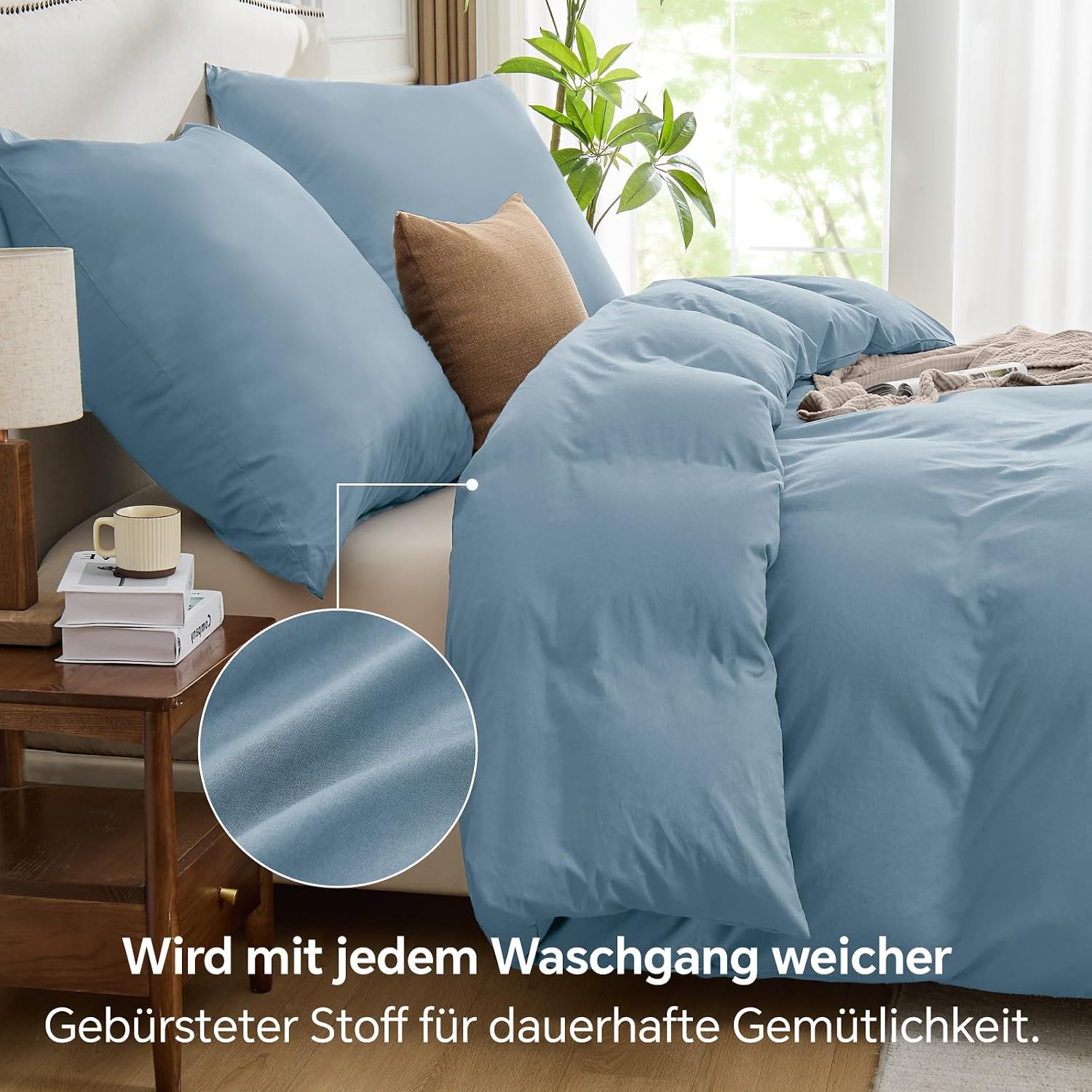 Detalle 2 de BEDELITE Bettwäsche 200x200 Baumwolle 3-teilig – Hellblau, Reißverschluss, OEKO-TEX