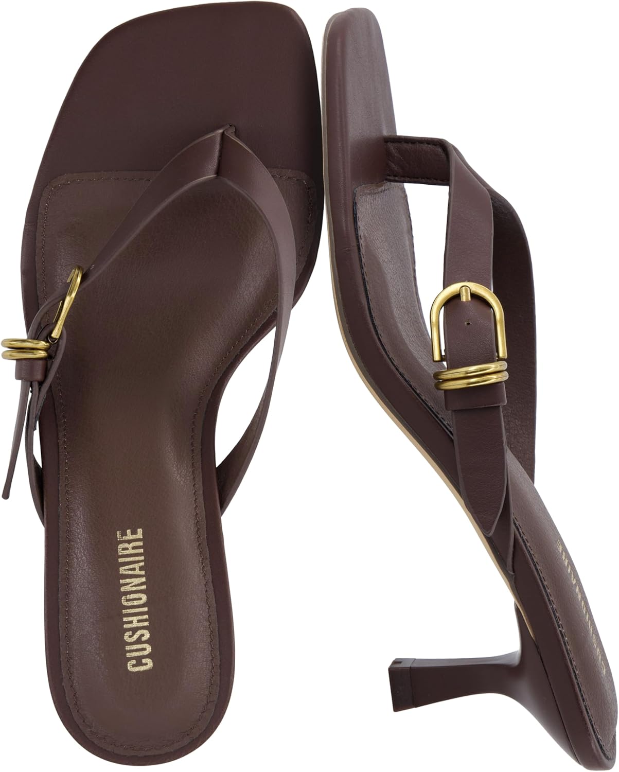 Detalle de CUSHIONAIRE Marlin Low Kitten Heels for Women — Adjustable Buckle, Square Toe Thong Dress Sandals