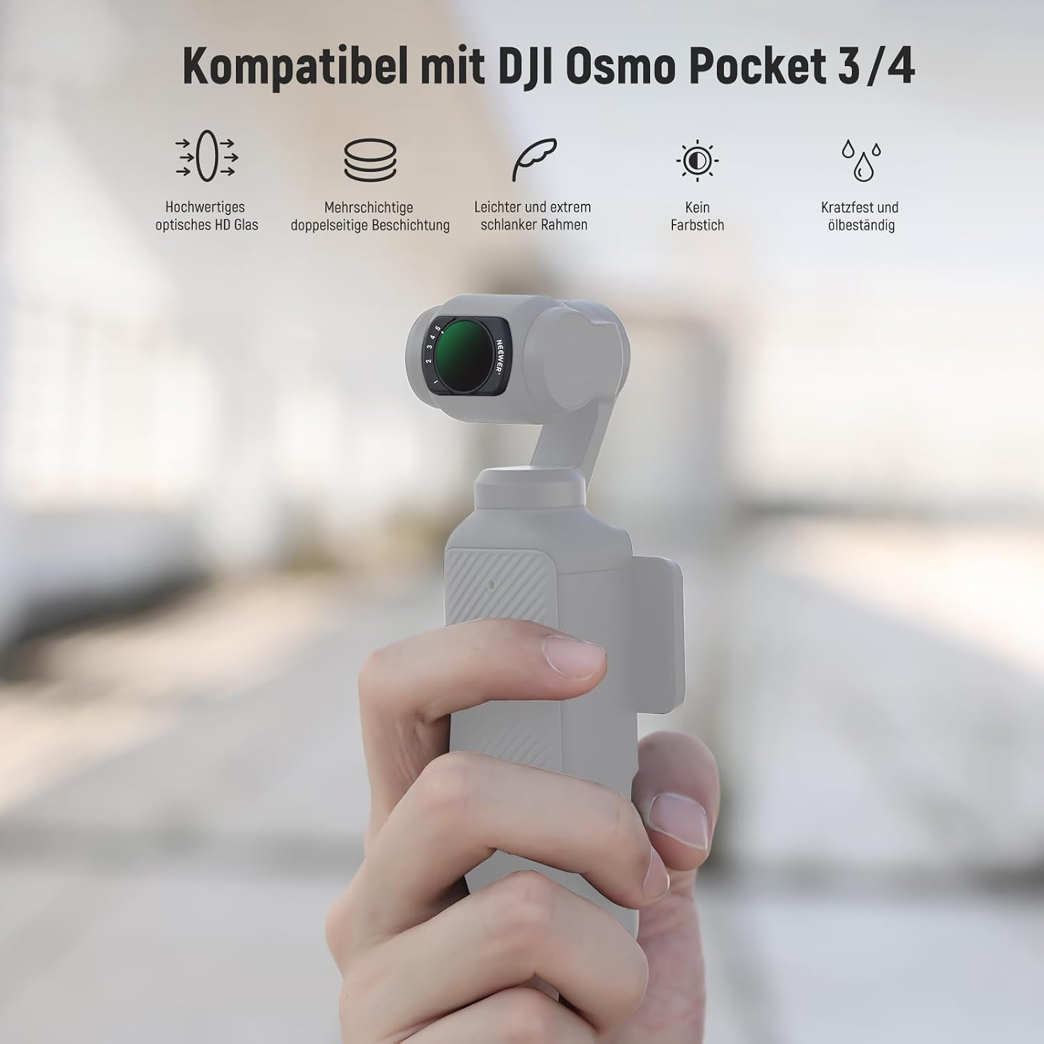 Detalle 2 de NEEWER ND2–ND32 & ND64–ND512 Set – variable ND Filter für DJI Osmo Pocket 4 & Pocket 3 Creator Combo