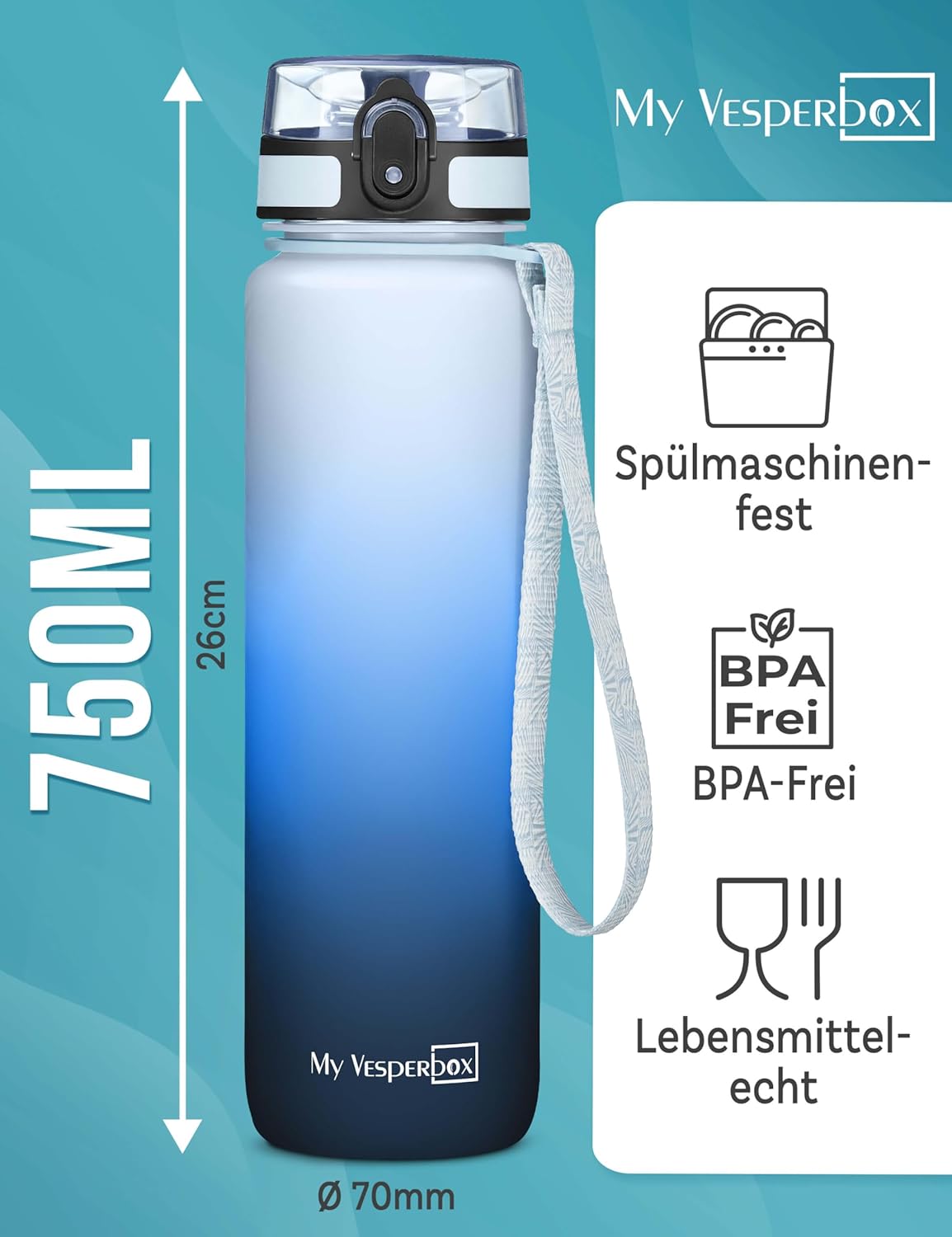 Thumbnail 1 de My Vesperbox Minny Kinder-Trinkflasche auslaufsicher 750 ml (Blauverlauf) mit Strohhalm oder Sieb, BPA-frei
