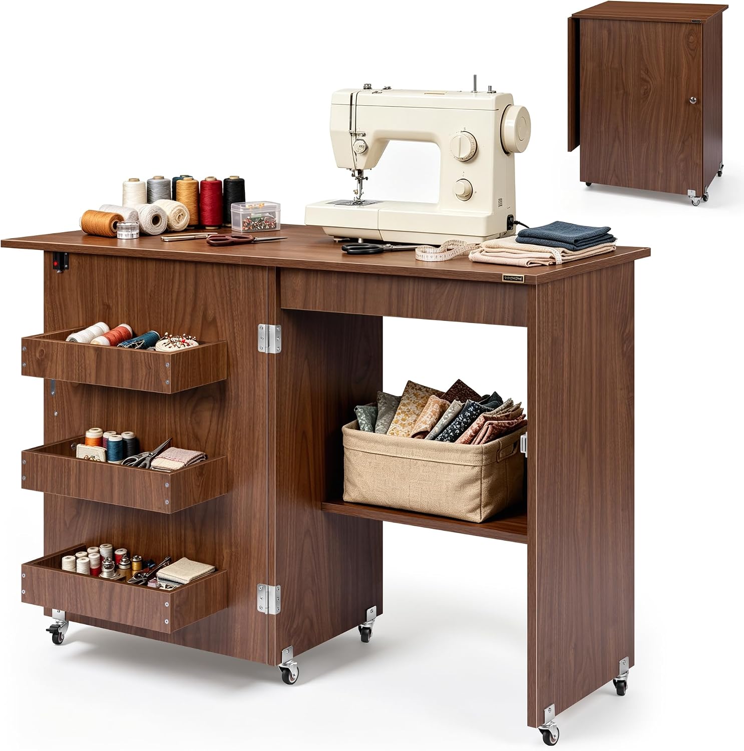 Detalle de VIVOHOME VH1080-WA Folding Sewing Table with Storage, Walnut