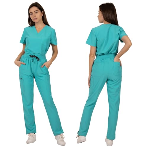 Detalle de B-well Bella Divisa Sanitaria Donna Elastica Teal – Set con Casacca e Pantalone, XXL