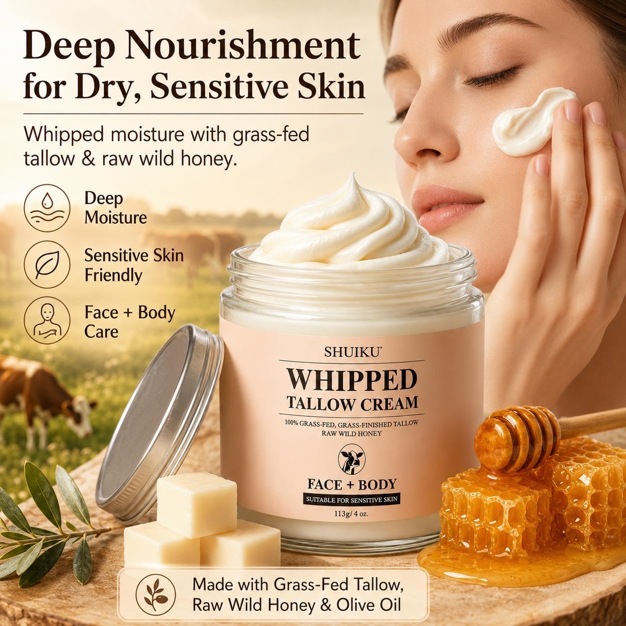 Detalle de Grass-Fed Beef Tallow and Honey Balm Moisturizer for Face, Body & Hands