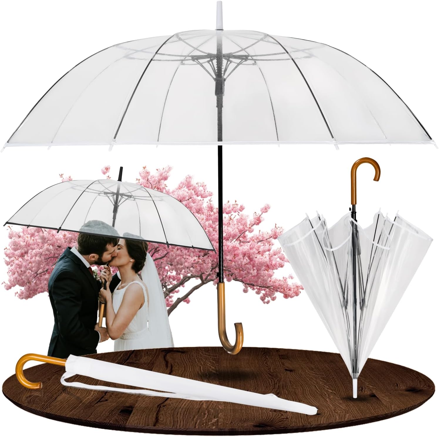LOGAN & BARNES Parapluie de mariage transparent Cardiff Ø120 cm — XXL, bois véritable, 16 baleines renforcées