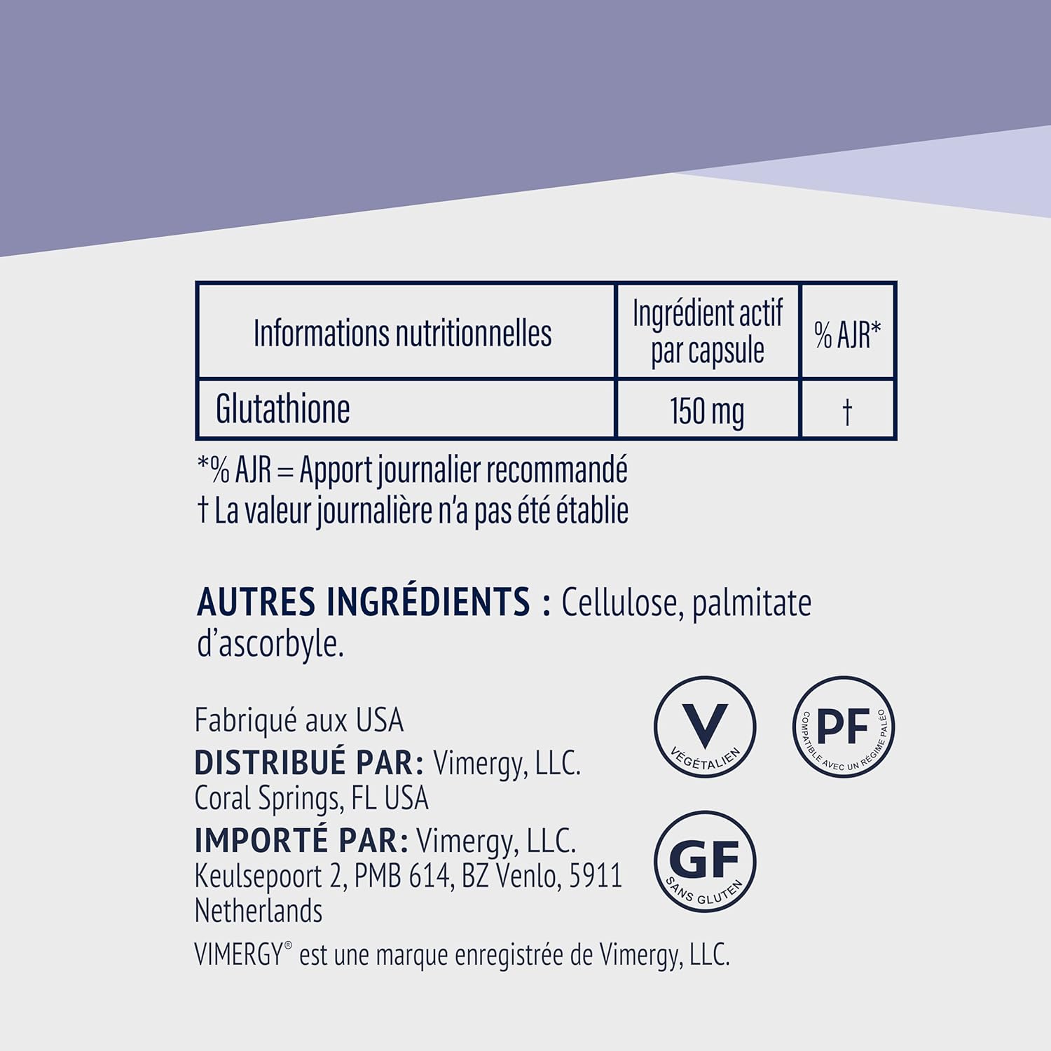 Detalle 2 de Vimergy Glutathione – Gélules végétaliennes, 150 mg, boîte de 60 portions