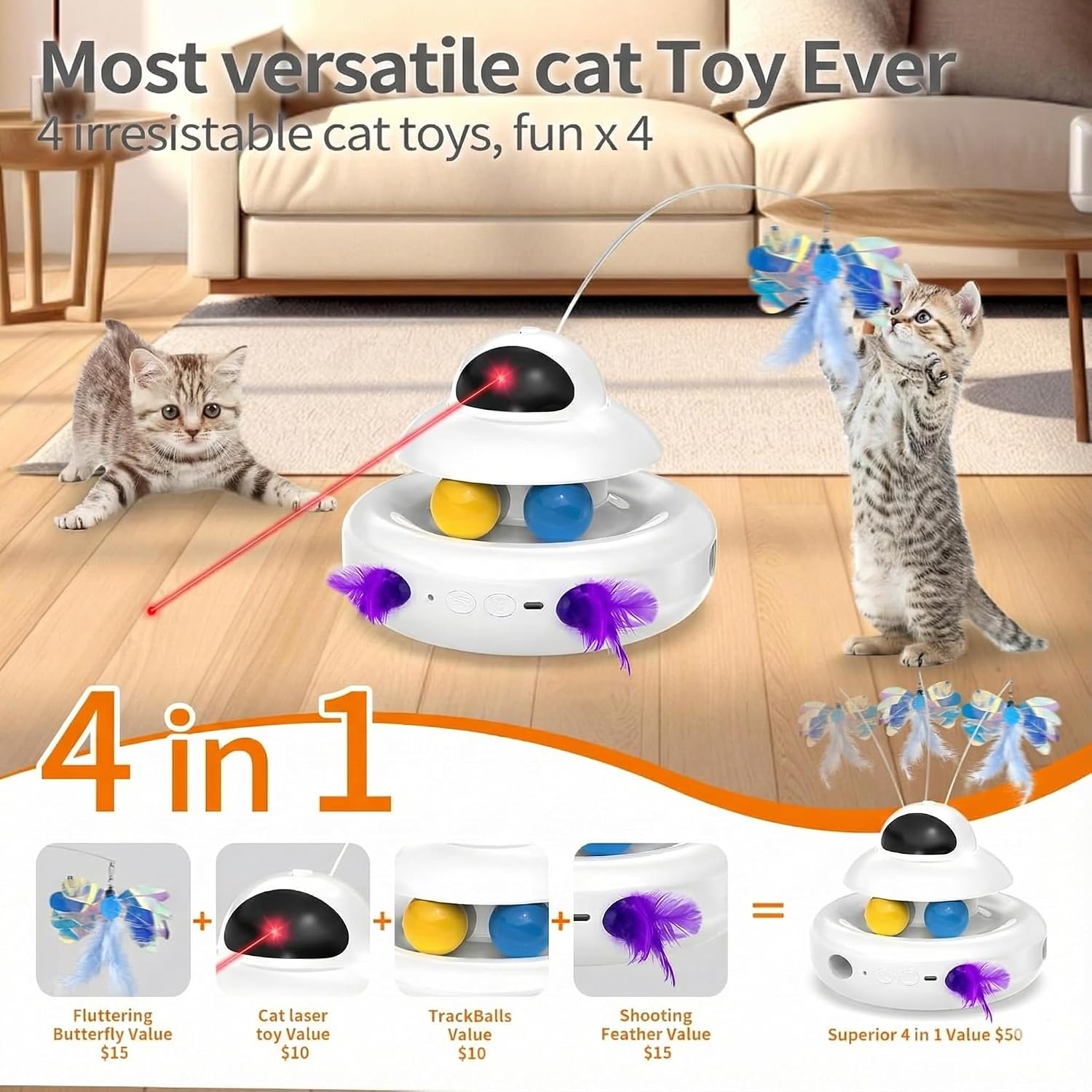 Detalle de MOHAYA MHY88 4-in-1 Interactive Cat Toy with Laser, Butterfly and Track Balls