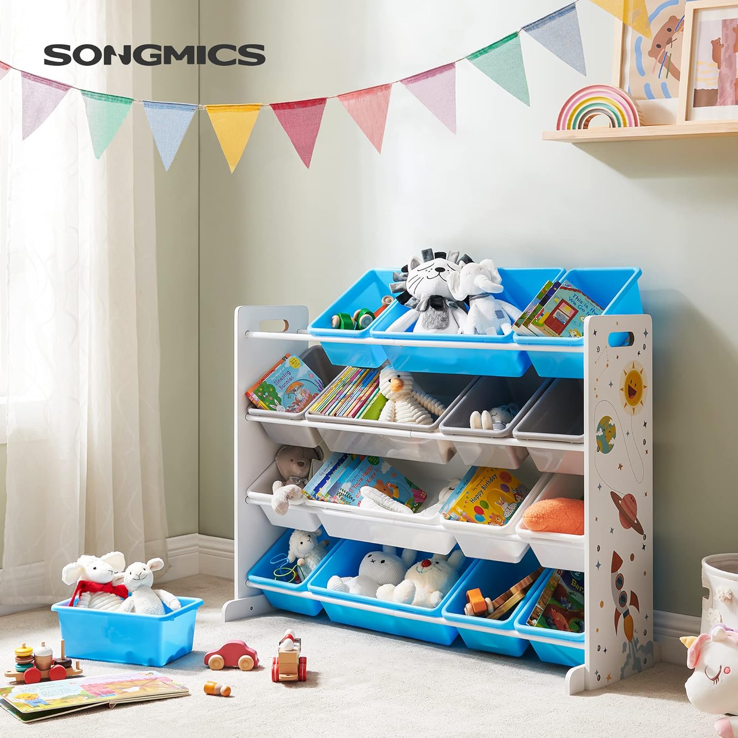 Detalle de SONGMICS Scaffale Giochi GKR070W03: 4 Ripiani con 16 Contenitori Rimovibili, Design Navigatore Spaziale