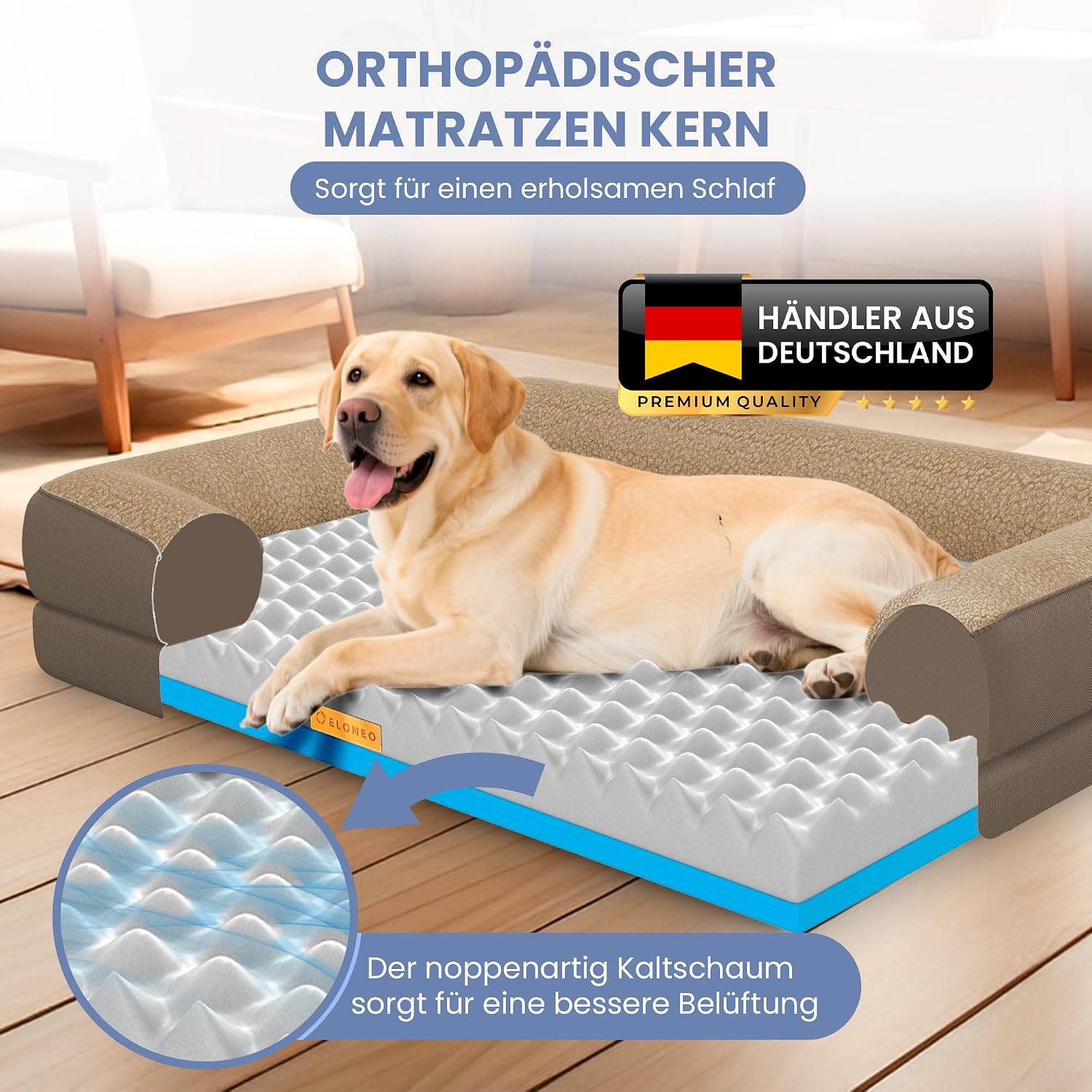Detalle de ELONEO orthopädisches Hundebett (106×76×19 cm) mit Memory Foam und waschbarer, wasserdichter Hundematte in Braun