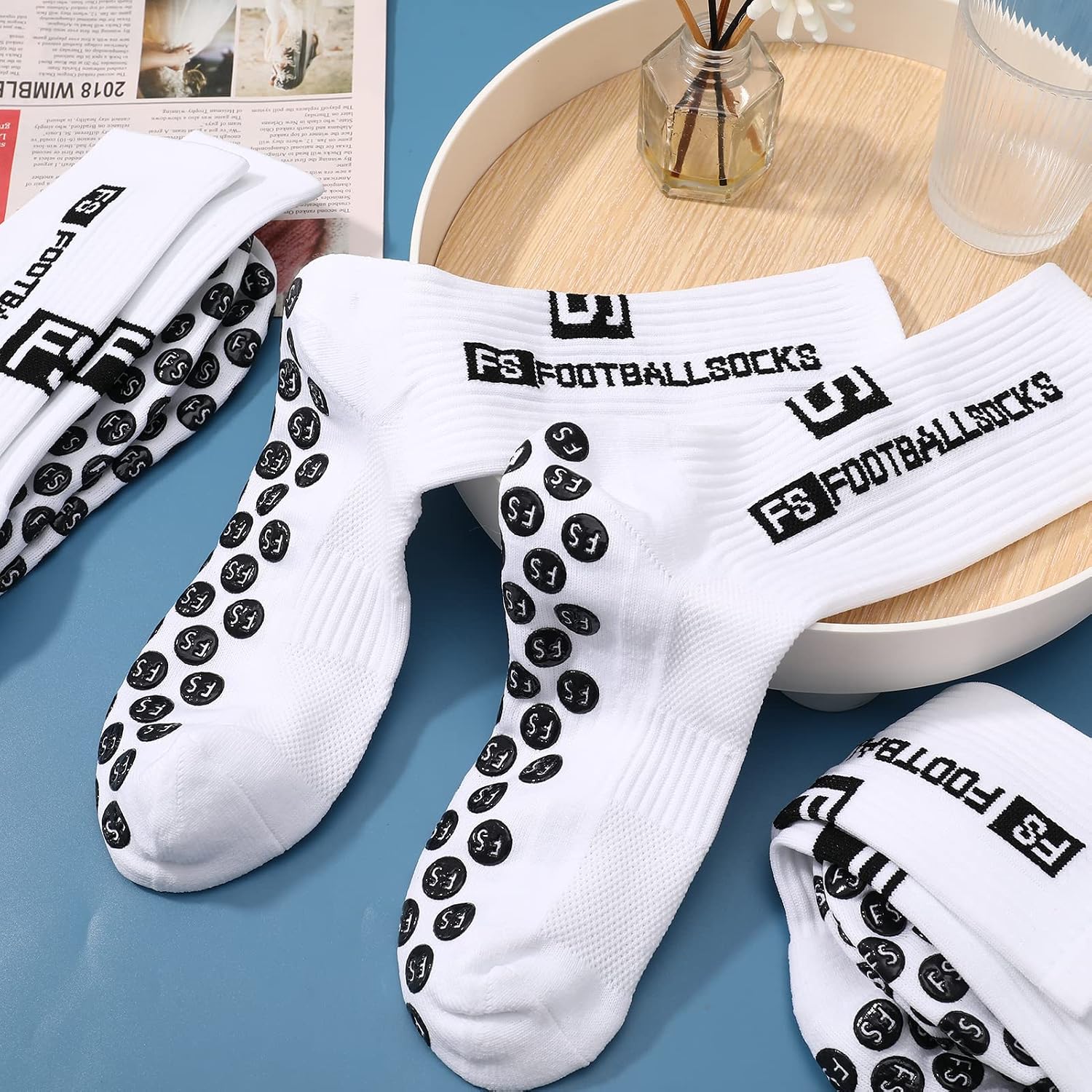 Detalle de Apricitie Fußball Socken 6 Paare Anti-Rutsch, Weiß, Größe 39–46