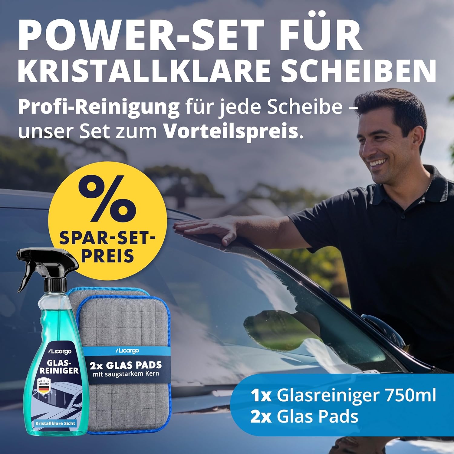 Detalle de LICARGO Scheiben Set Pads – 2x Glas & Scheiben Pads + Glasreiniger (750 ml) für streifenfreie Scheiben