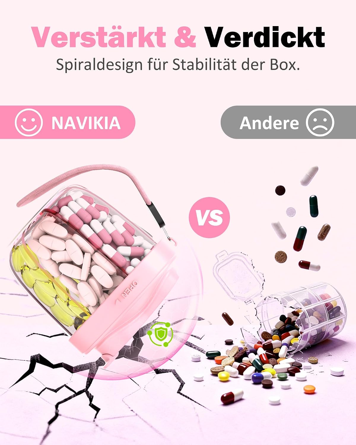 Detalle de Tablettenbox 7 Tage „Morgens Mittags Abends“ – runde 7-Fächer-Organizer mit weiter Öffnung, Anti-Verwechslung & Etiketten