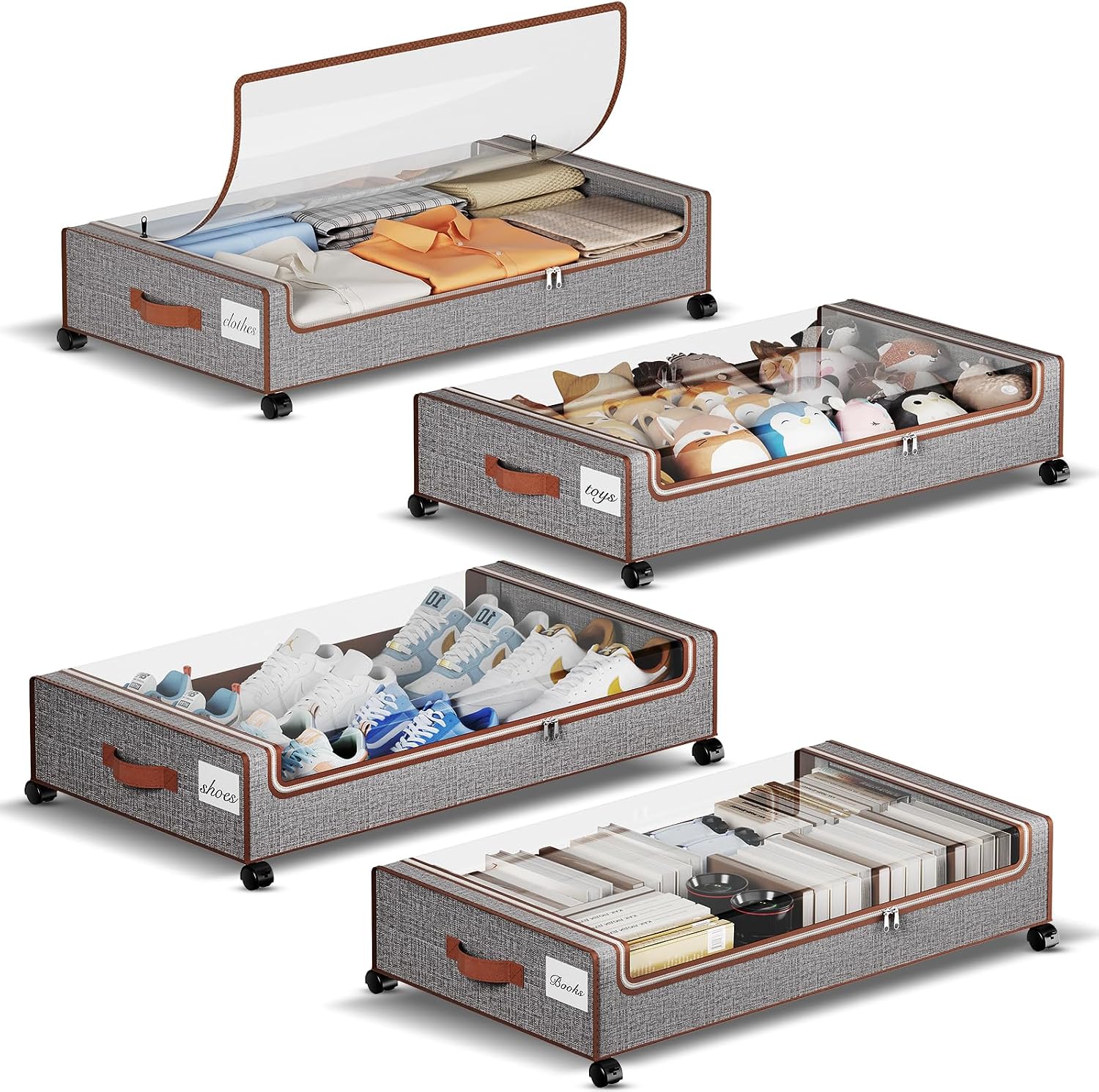 Detalle de Yecaye Under Bed Storage with Wheels 60L Fabric Bins, 4-Pack, Greige