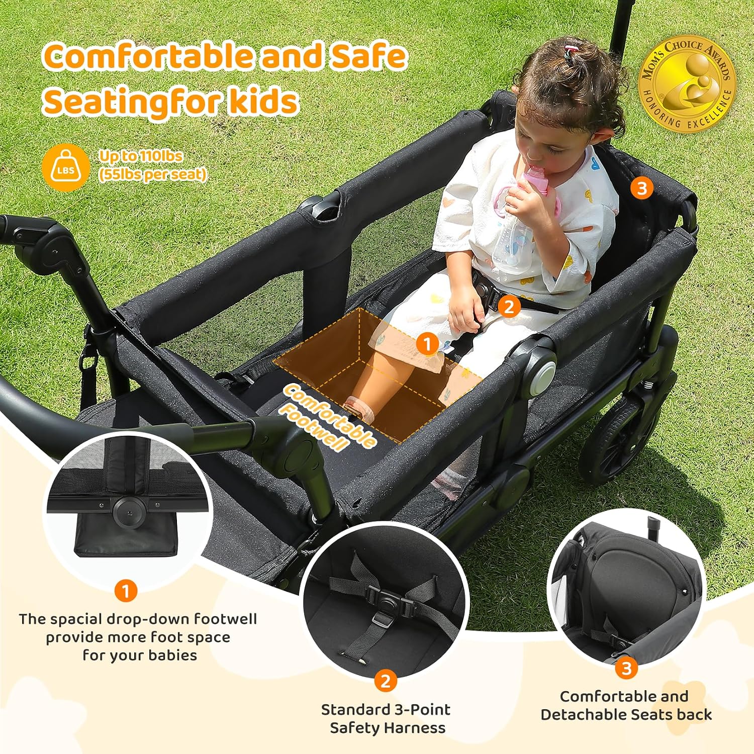 Thumbnail 2 de ELEMARA Foldable Wagon Stroller for 2 Kids (Push/Pull, Removable Canopy) — Black