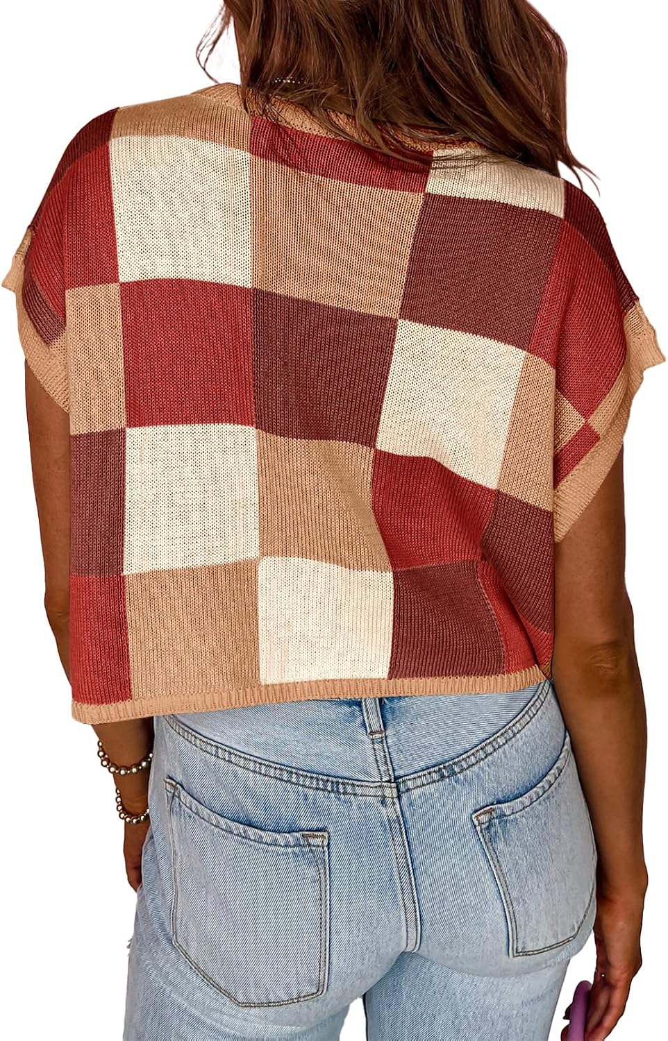 Detalle de Saodimallsu Women’s Cap Sleeve Crop Top: Color Block Knit for Summer Vibes