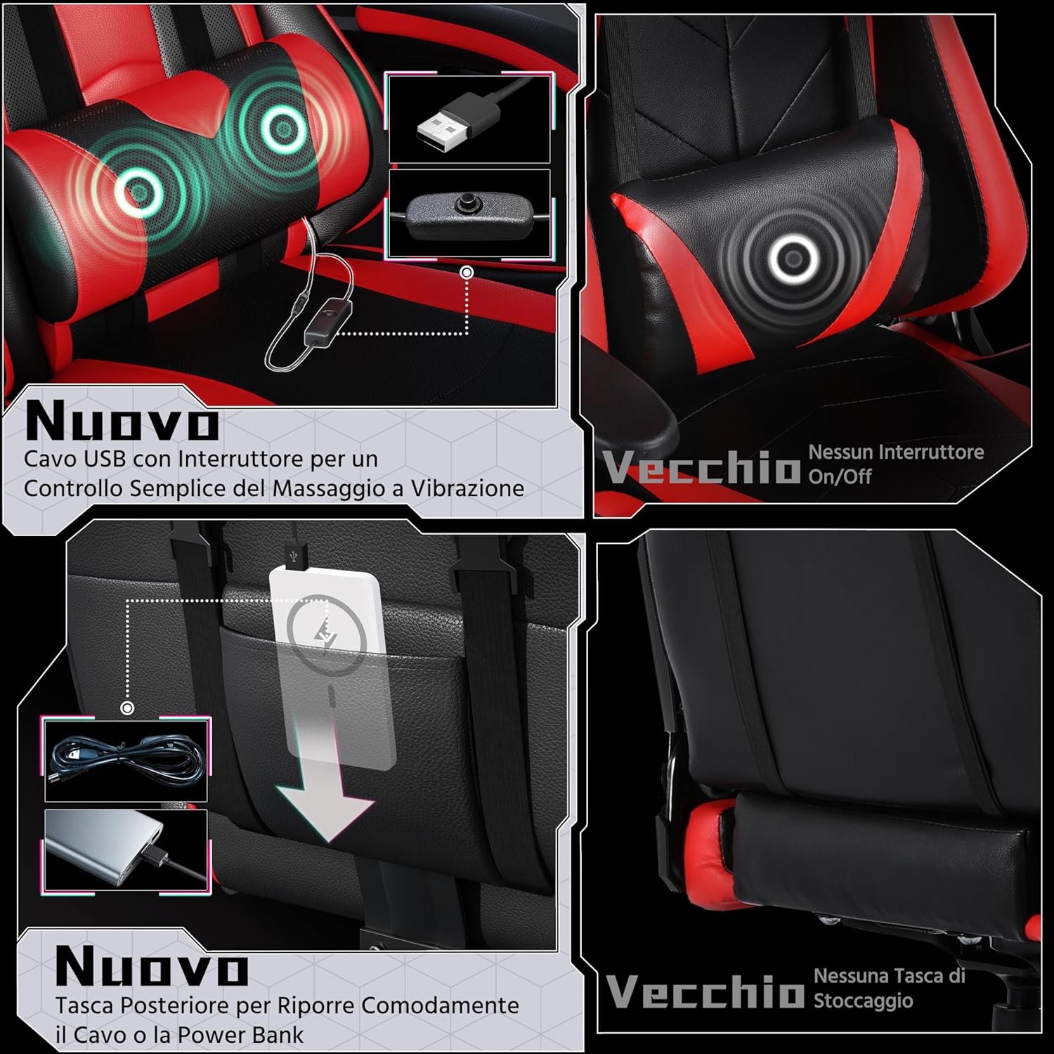 Thumbnail 5 de Yaheetech Sedia Gaming Ergonomica Massaggiante Rosso