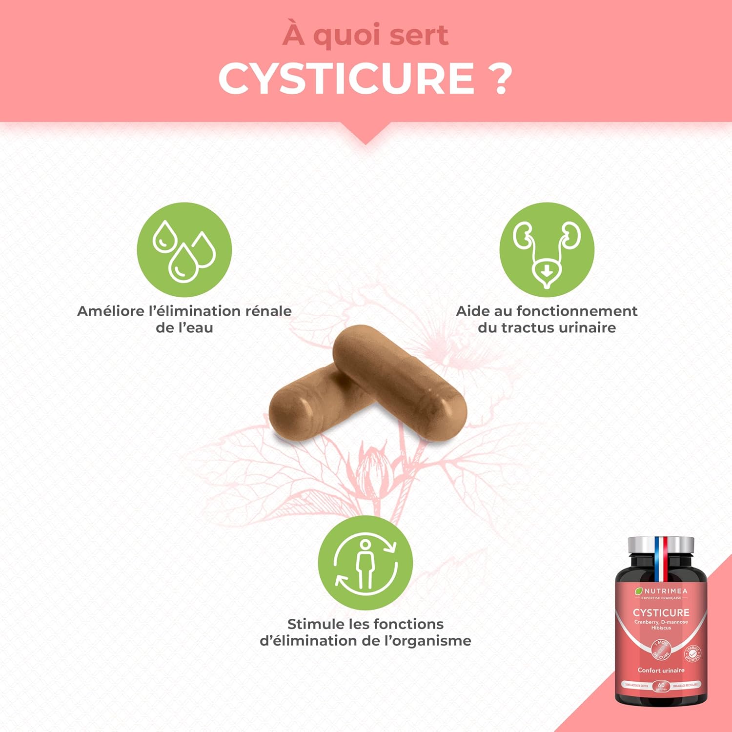 Thumbnail 1 de Cysticure Nutrimea : complément vegan pour inconfort urinaire et protection de la flore intime (canneberge, hibiscus, D-mannose) – 60 gélules